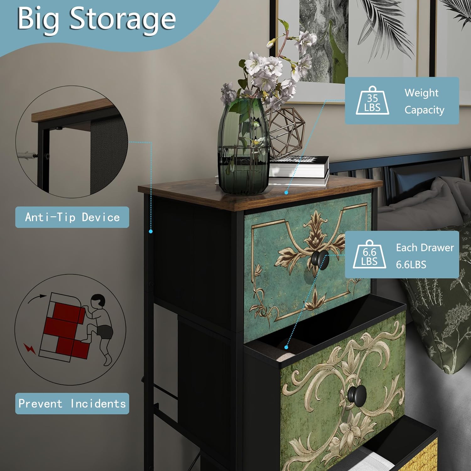 Tohomeor Small Dresser for Bedroom with Retro Flower Narrow Drawers Slim Chest of Drawers Skinny Nightstand Sofa End Table for Living Room Entryway Closet Storage (Multi, 3 Drawers) - Image 5