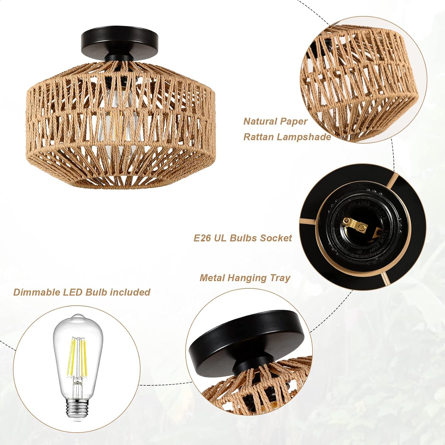 Boho Light Fixtures Ceiling Mount,Mini Rattan Chandelier Light Fixture with Dimmable LED Bulb,Hand Woven Ceiling Light Fixtures Flush Mount for Hallway Bedroom Kitchen Entryway Living Room - Image 7