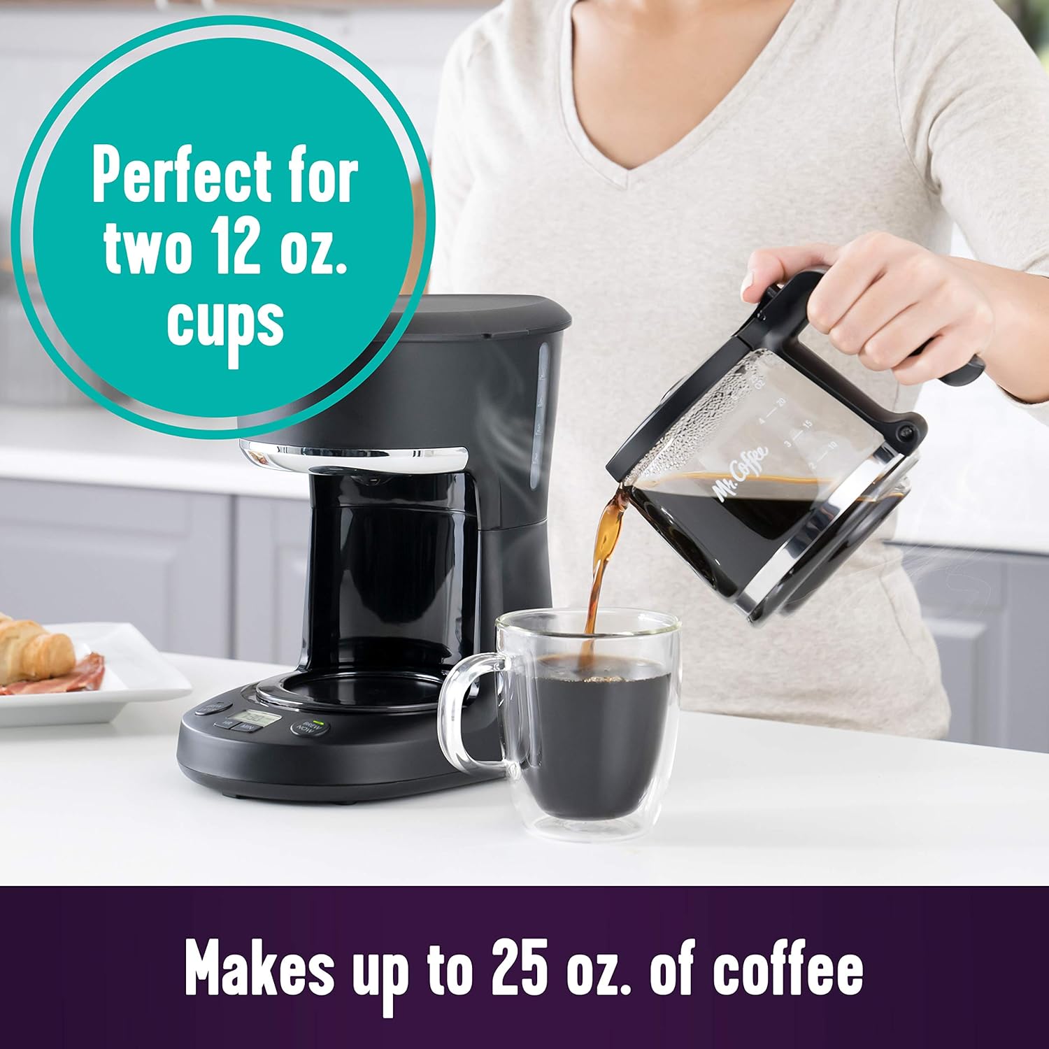 Mr. Coffee Programmable Coffee Maker 5 Cups with Auto Pause Glass Carafe Compact Design Black - Image 2