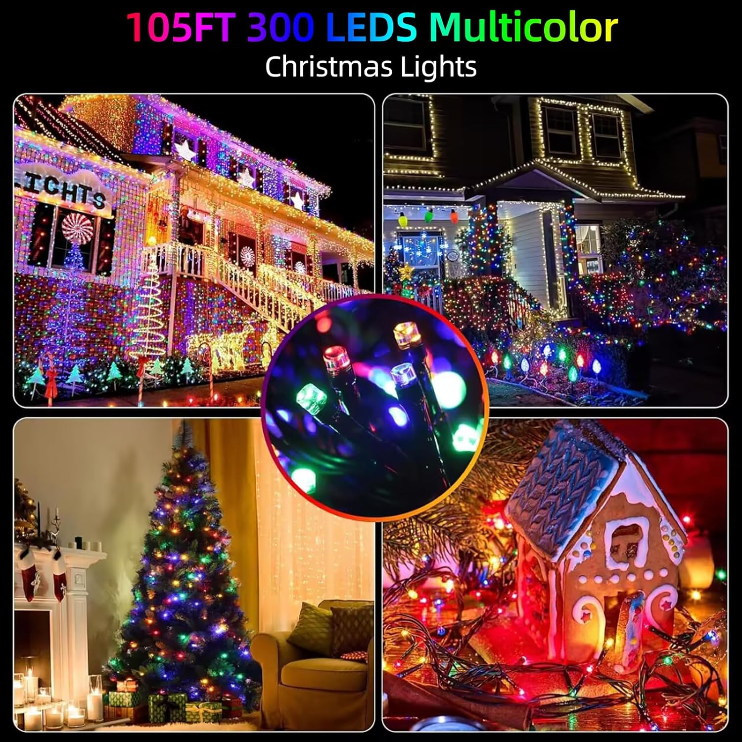105FT 300LEDs Christmas Lights Outdoor Indoor String Lights 8 Modes Memory Function for Christmas Tree Party Decoration, 100% UL Listed (4 Sets CONNECTABLE) Multi-Color - Image 3