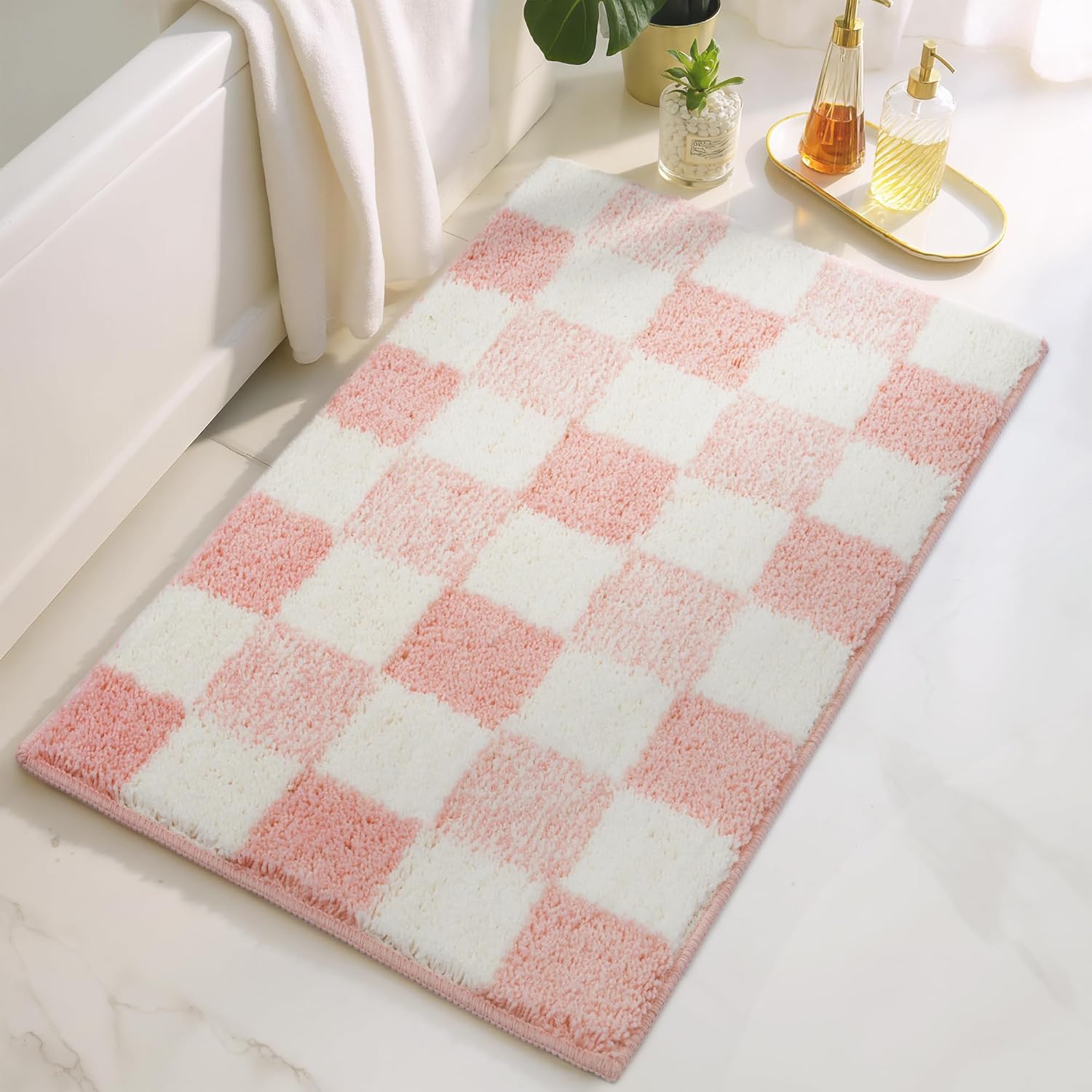 GRANNY SAYS Checkered Pink Bathroom Rugs Decor,32" x 20",Fluffy Rug, Absorbent Microfiber Ultra Soft Bath Mat Washable, Non-Slip Bath Mats for Bathroom, Cute Floor Mat for Tub, Shower, Bedroom