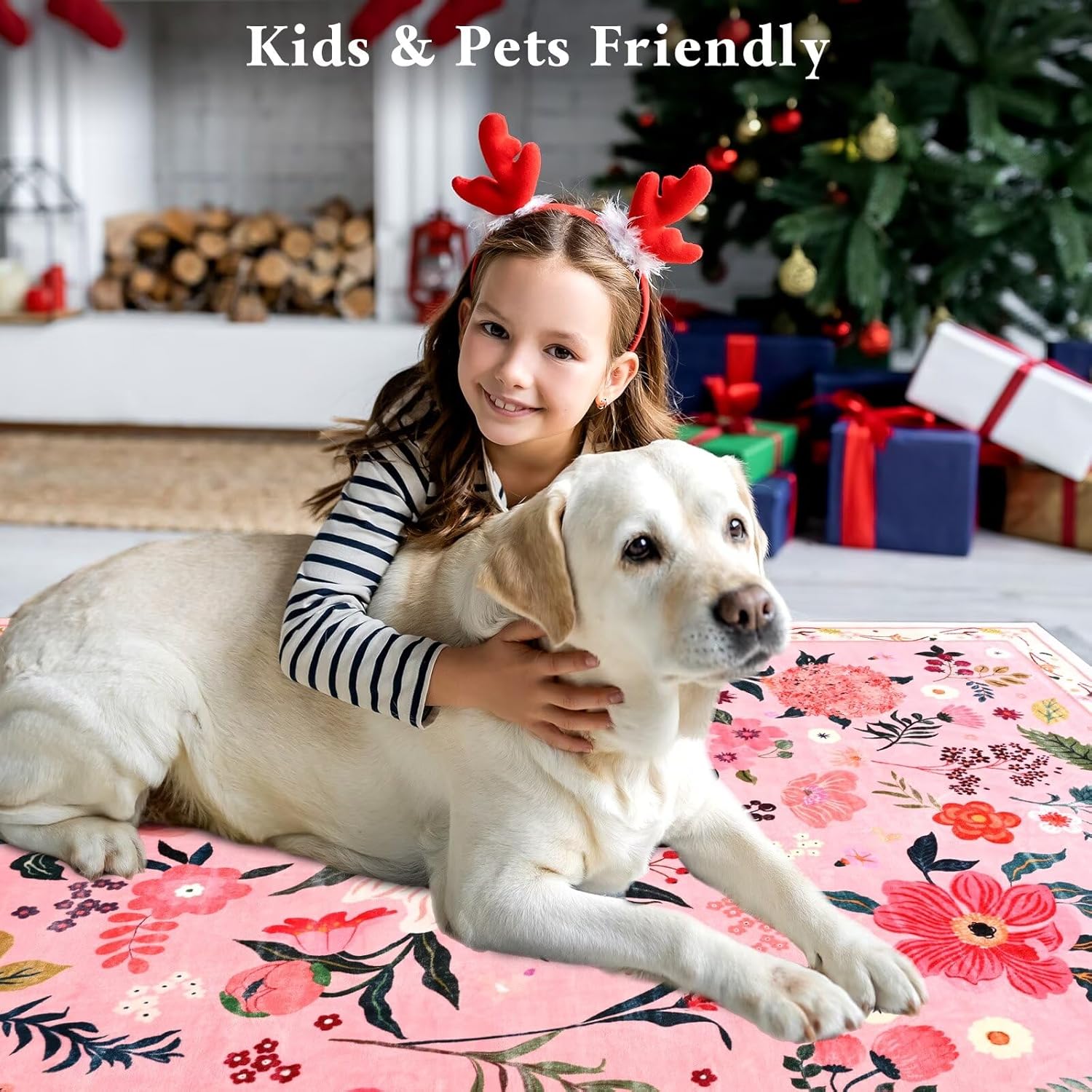 5x7 Pink Floral Rug for Living Room, Machine Washable Area Rugs with Non Slip Backingfor Girls Bedroom, Cute Flowers Carpet Kitchen Dining Room Kids Playroom Decor - Image 4