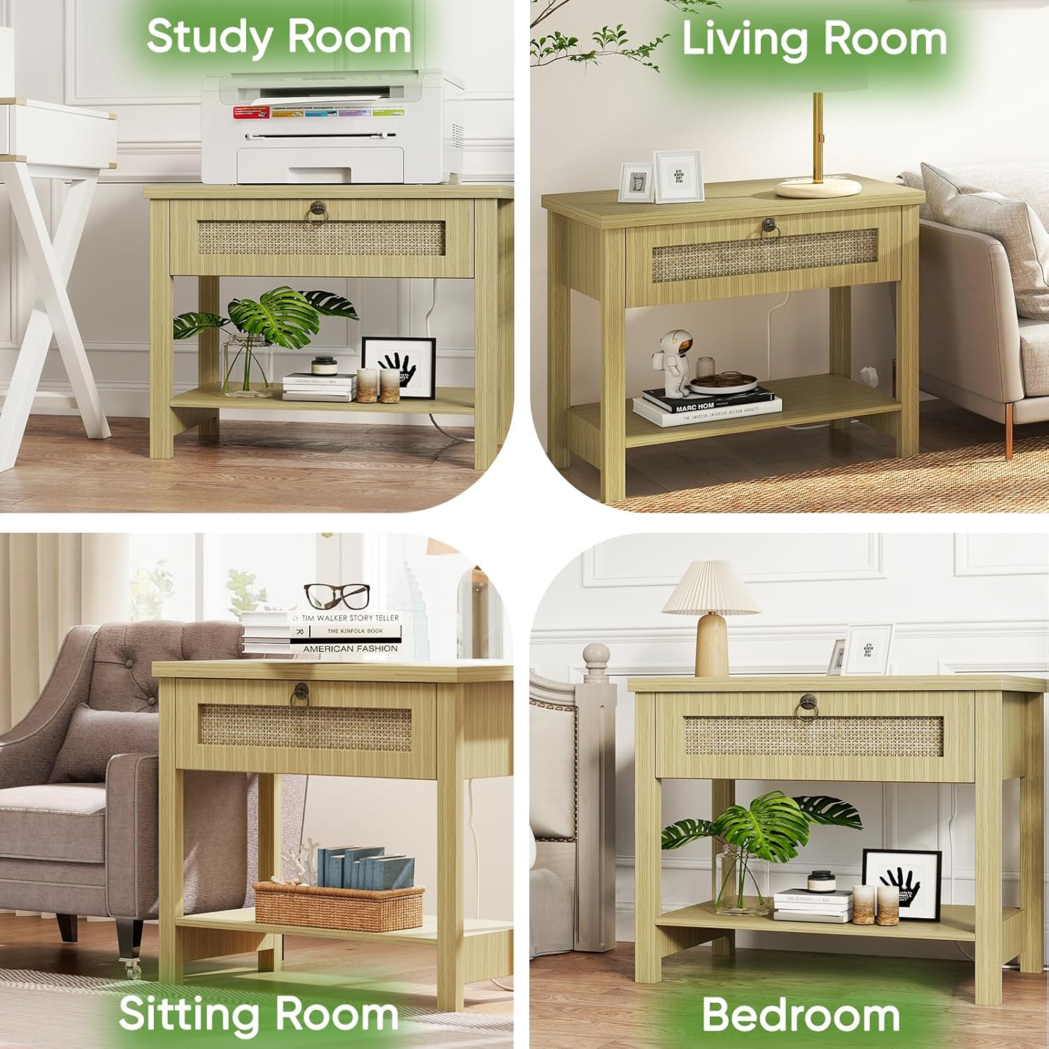 Rattan Large Nightstand with Charging Station, Boho Bedside Table End Table with Drawer and Storage Shelf, Wood End Table Night Stand for Bedroom - Image 7