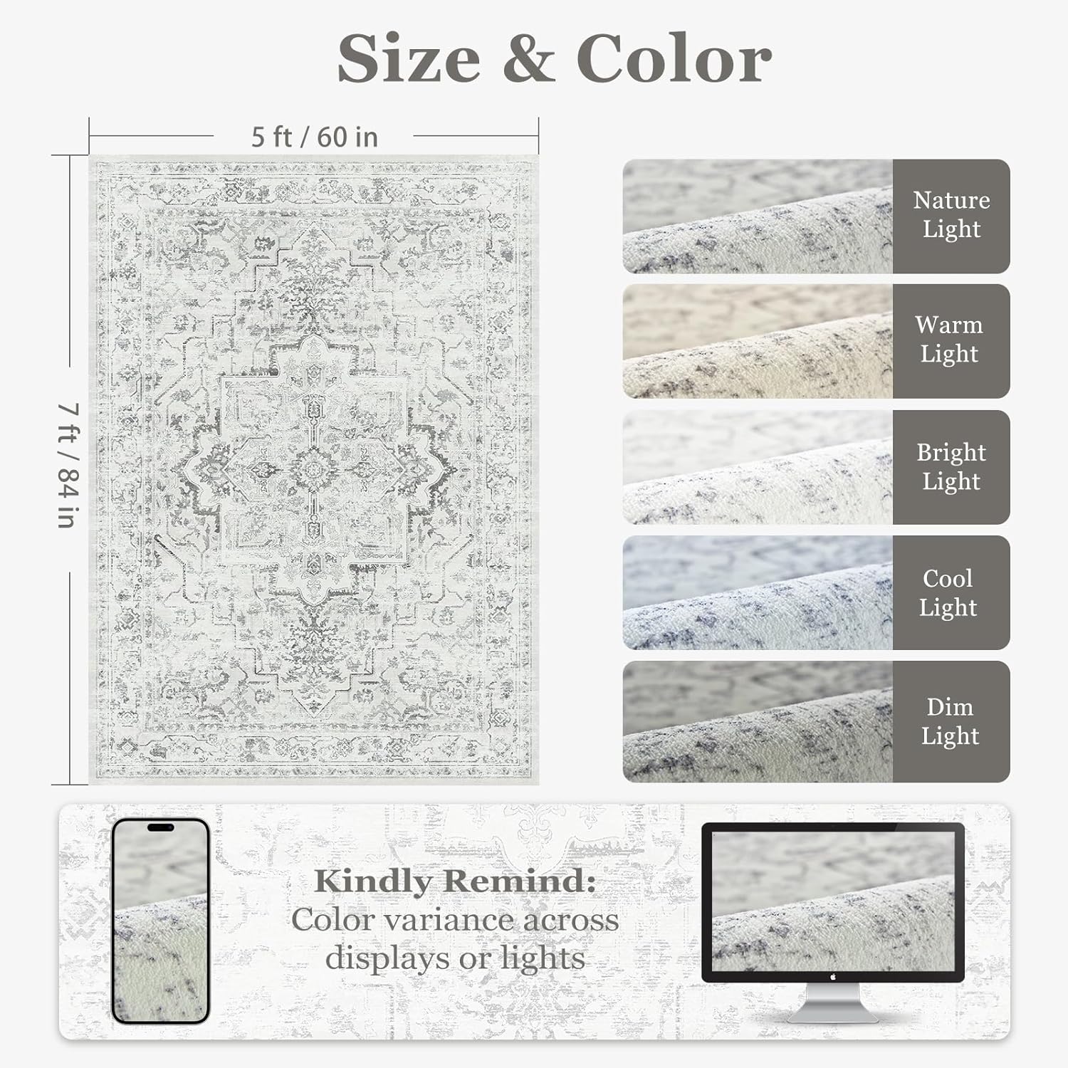 Distressed Farmhouse 5x7 Area Rugs for Living Room Bedroom Non Slip Washable, Medallion Pattern Printed Low Pile Thin Carpet Rugs for Dining Room/Kitchen/Home Office, Off White/Grey - Image 2