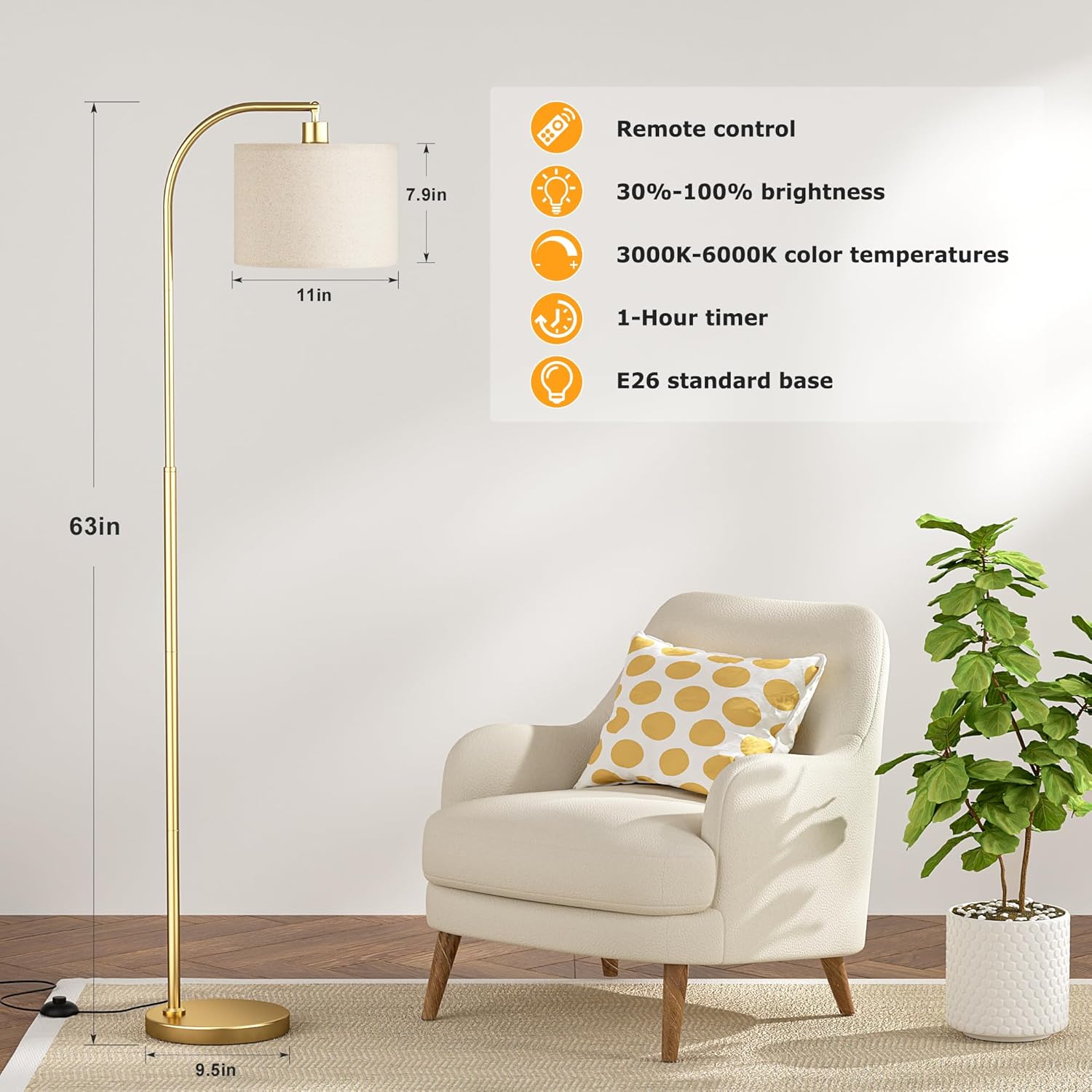 Arc Floor Lamp with Remote and Stepless Dimmable Bulb, Colors Temperature & Brightness Adjustable, Gold Floor Lamps for Living Room（Deep Beige Shade & Gold Pole）