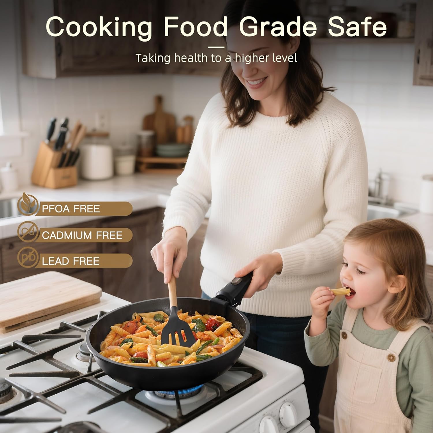 Astercook Non Stick RV Pots and Pans Ceramic Kitchen Cookware Set with Detachable/Removable Handle, Oven Safe, Induction Ready, Stackable, Black, 21 pcs - Image 8