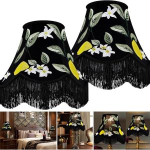 GO&SO Black Floral Embroidery Bell Lamp Shades Set of 2,Handcrafted Silk Petal Edge with Fringe Trim,6"x13"x10.6"(Spider),Vintage Ornate Lamp Shade Replacement for Table,Floor Lamps,Easy Assembly