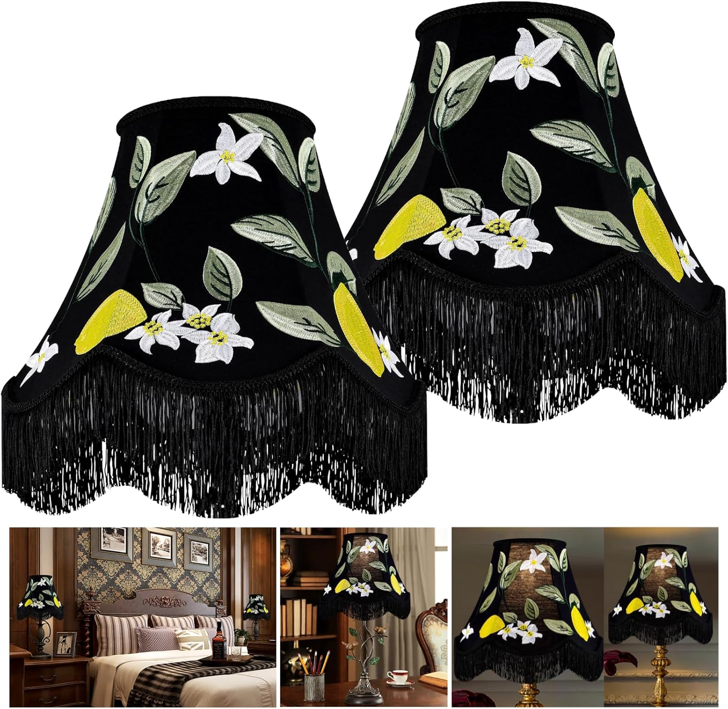GO&SO Black Floral Embroidery Bell Lamp Shades Set of 2,Handcrafted Silk Petal Edge with Fringe Trim,6″x13″x10.6″(Spider),Vintage Ornate Lamp Shade Replacement for Table,Floor Lamps,Easy Assembly