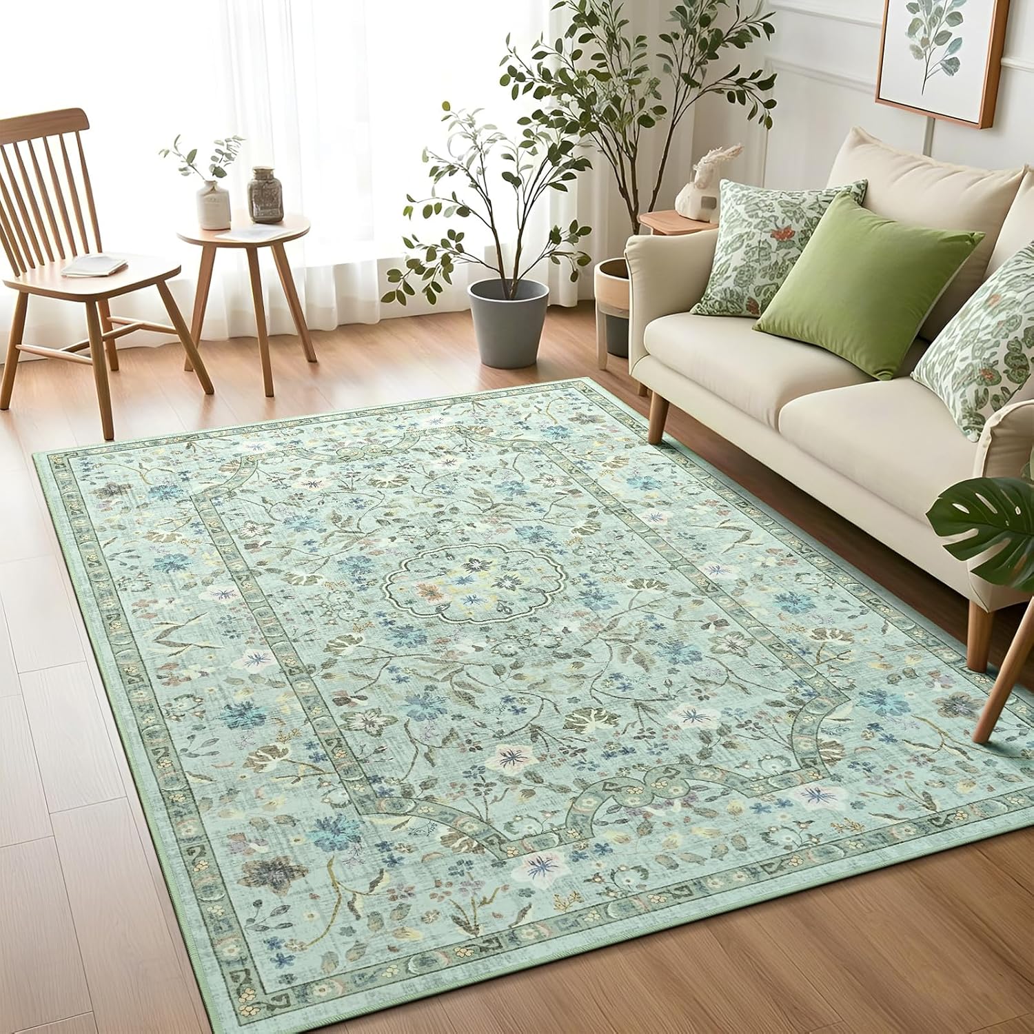 Vasofe 3×5 Area Rug for Bedroom, Washable Rugs for Living Room, Laundry, Kitchen, Vintage Floral Indoor Non Slip Carpet Farmhouse Green Throw Carpets Soft Low Pile Mat for Dorm Bedside Entryway Office