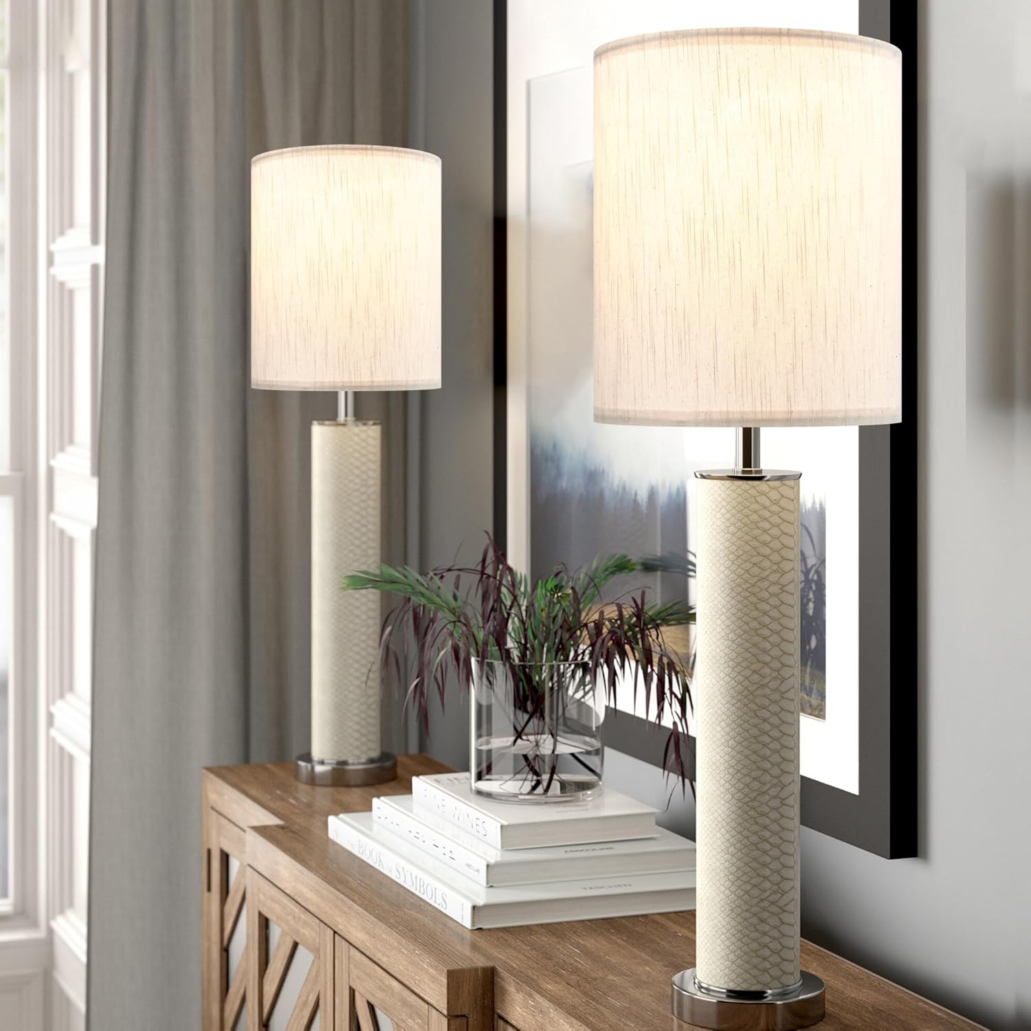 Tall Drum Lamp Shades Set of 2 Medium Beige Bamboo Knot Linen Textured Lampshade 9.8``Top x 9.8``Bottom x 11.8``High(Spider) Farmhouse Lamp shade for Table & Bedside Lamp - Image 4