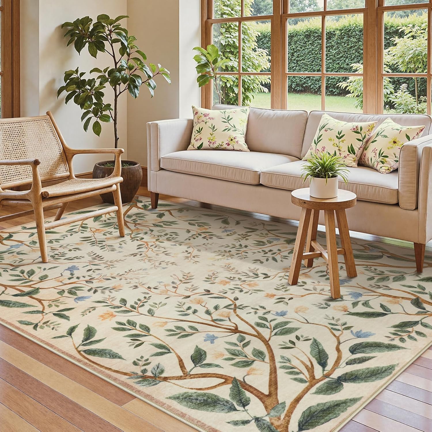 Collive Washable Area Rugs for Living Room, Beige 5×7 Bedroom Rug, Floral Forest Botanical Flourishing Vines Soft Non-Slip Stain Resistant Boho Carpet for Dining Room Office