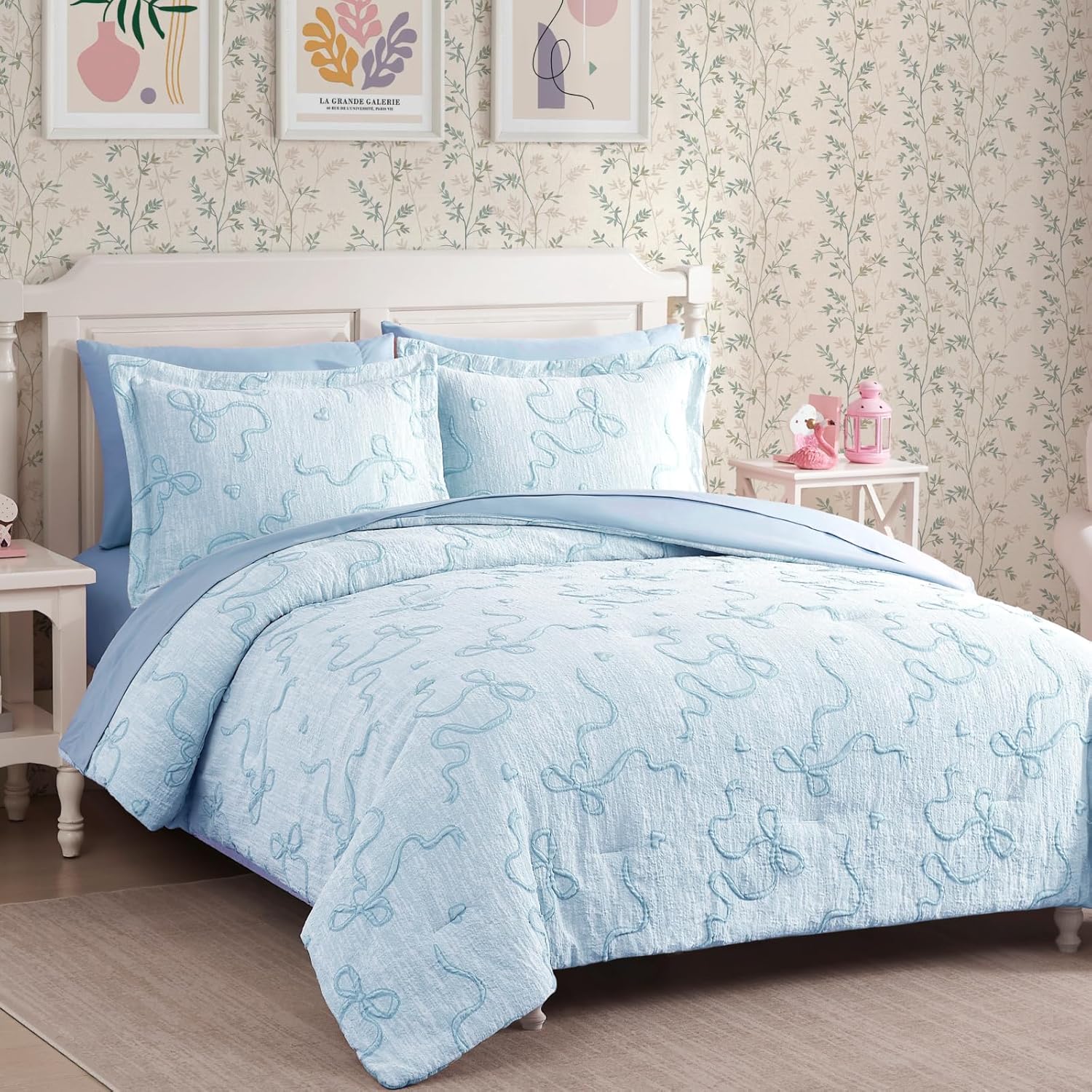 Geniospin Light Blue Full Comforter Set for Girls- 7 Pieces Bowknot Jacquard Bed in A Bag Twin Bedding Sets with Sheets, Pillowcases & Shams, All Season Kids Comforter Set - Image 4