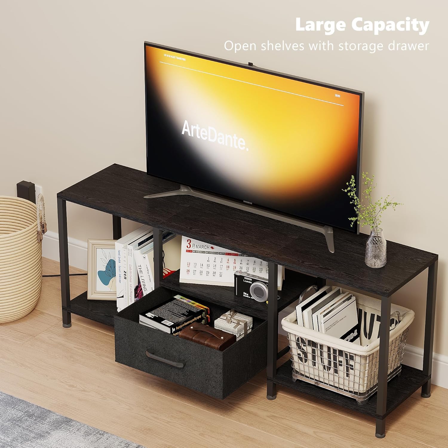 TV Stand with LED Lights, Entertainment Center with Open Shelves and Fabric Drawer, Media Console for 55 Inch TV, Television Stands for Living Room, Bedroom, Black - Image 5