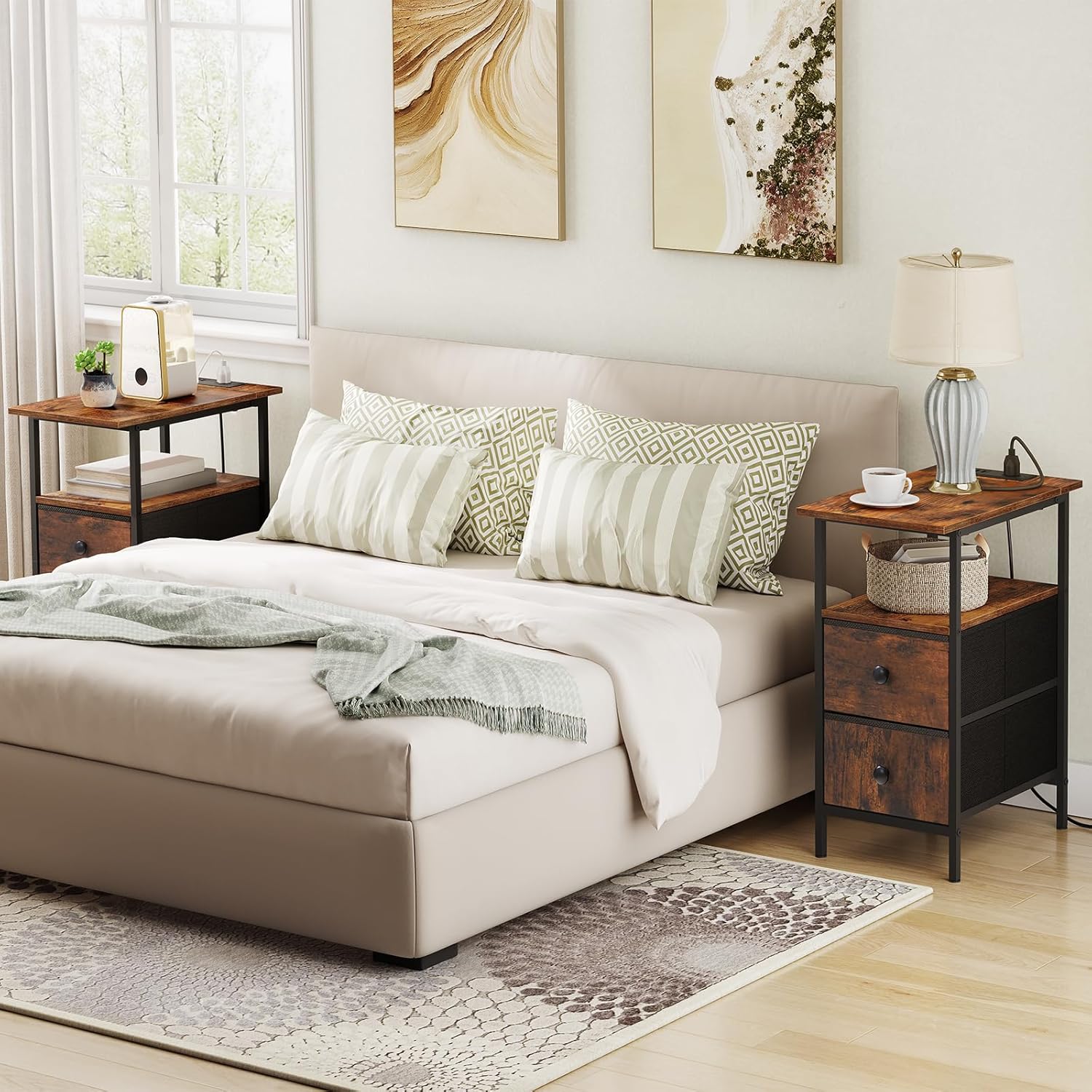 HOOBRO End Table with Charging Station, Narrow Side Table, Nightstand with 2 Non-Woven Drawers, Slim Sofa Side Table, for Small Spaces, Living Room, Bedroom, Rustic Brown and Black BF486UBZ01 - Image 9