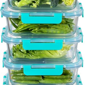 MFY 5-Pack 36 OZ Glass Storage Containers with Lids, Glass Meal Prep Containers Set, Airtight Lunch Containers with Lids, Microwave, Oven, Freezer and Dishwasher Safe, Green