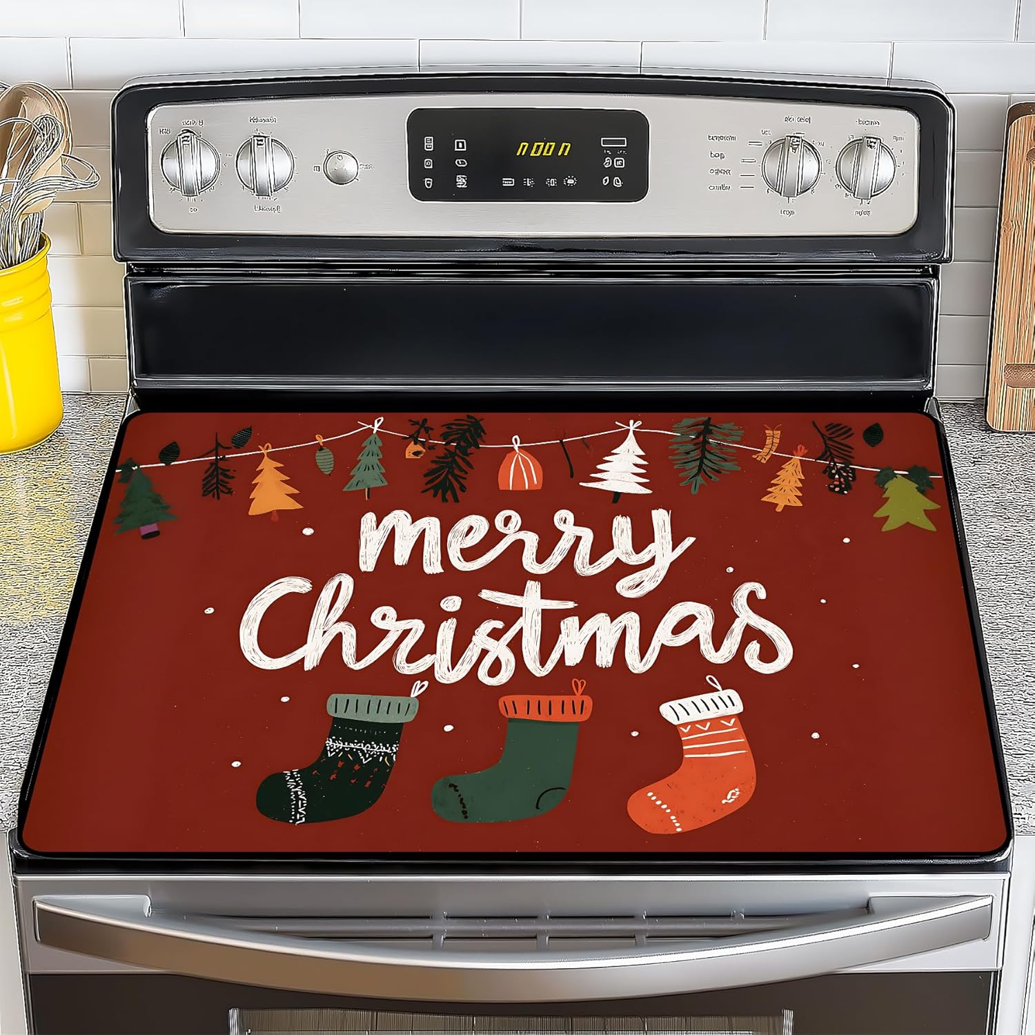 NYZE Stove Cover for Electric and Glass Stove Tops 3-in-1 Stove Mat, Heat Resistant Counter Protector Mat, Non-Slip Surface & Drying Rack (Merry Christmas, 28.5"Lx20.5"W)
