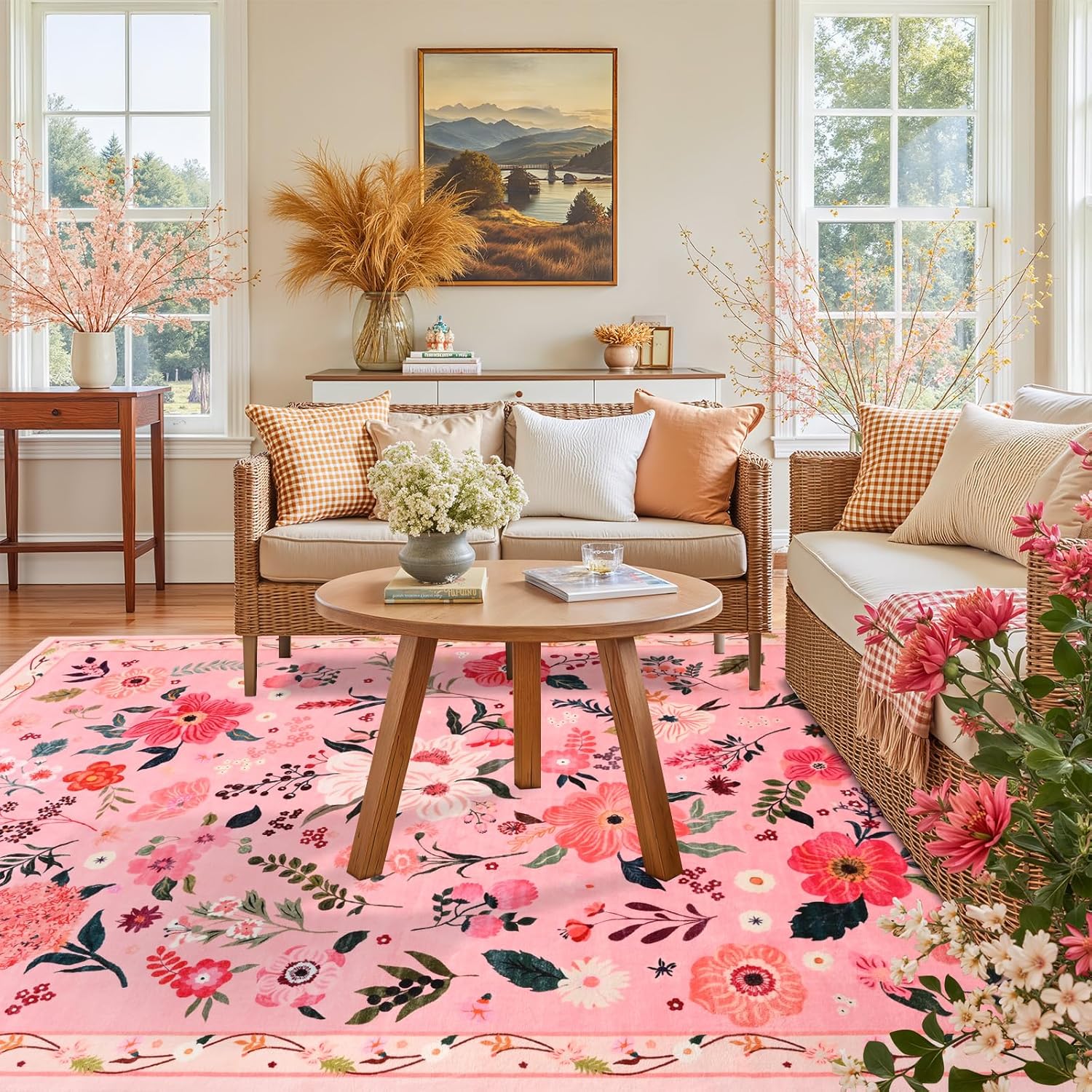 5x7 Pink Floral Rug for Living Room, Machine Washable Area Rugs with Non Slip Backingfor Girls Bedroom, Cute Flowers Carpet Kitchen Dining Room Kids Playroom Decor - Image 2