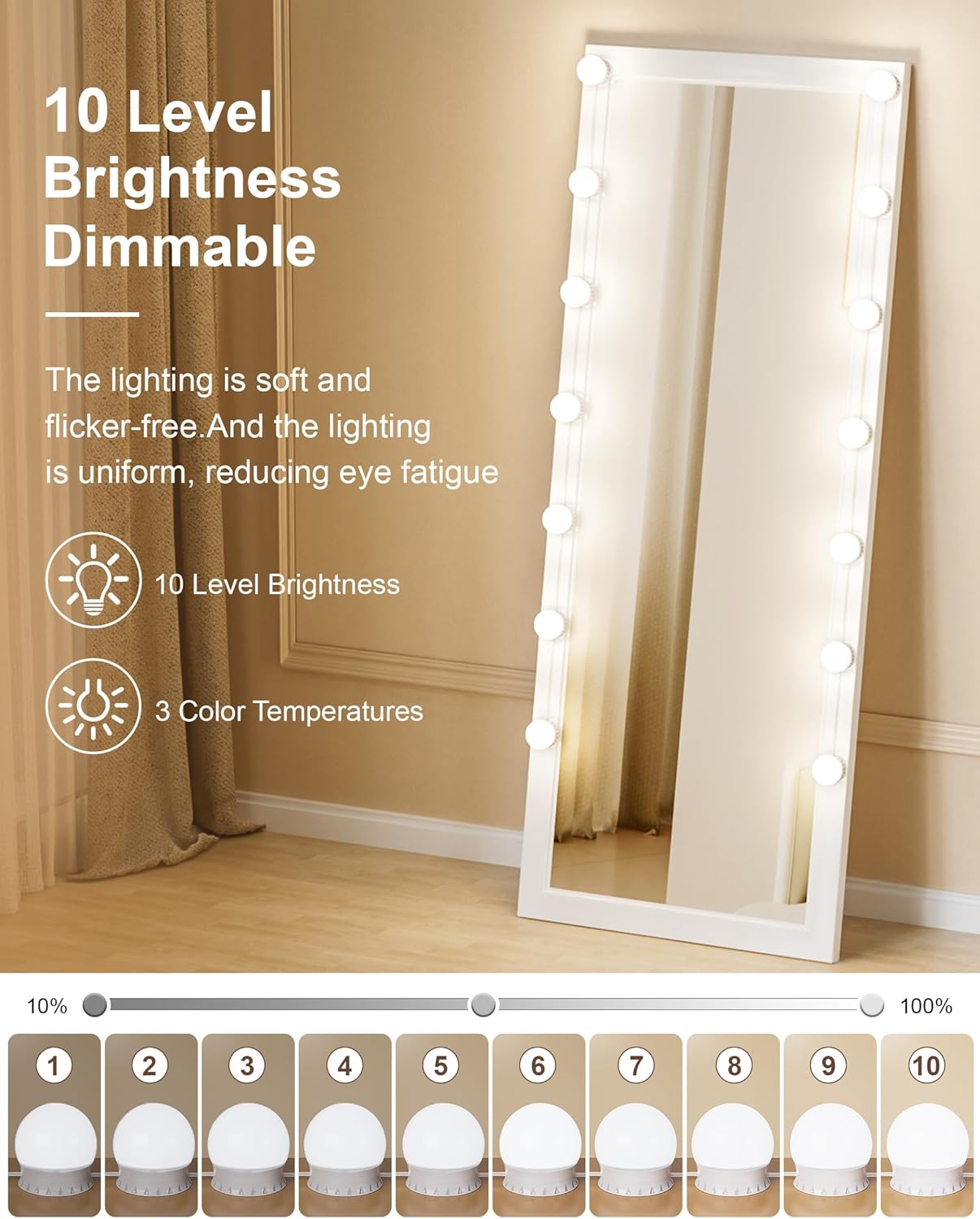 14 Bulbs LED Vanity Lights for Mirror, 3000K 4000K 6500K & 10-Brightness, Wire Length Adjustable, USB Cable, Hollywood Mirror Lights for Makeup Dressing Room Bathroom, White - Image 2