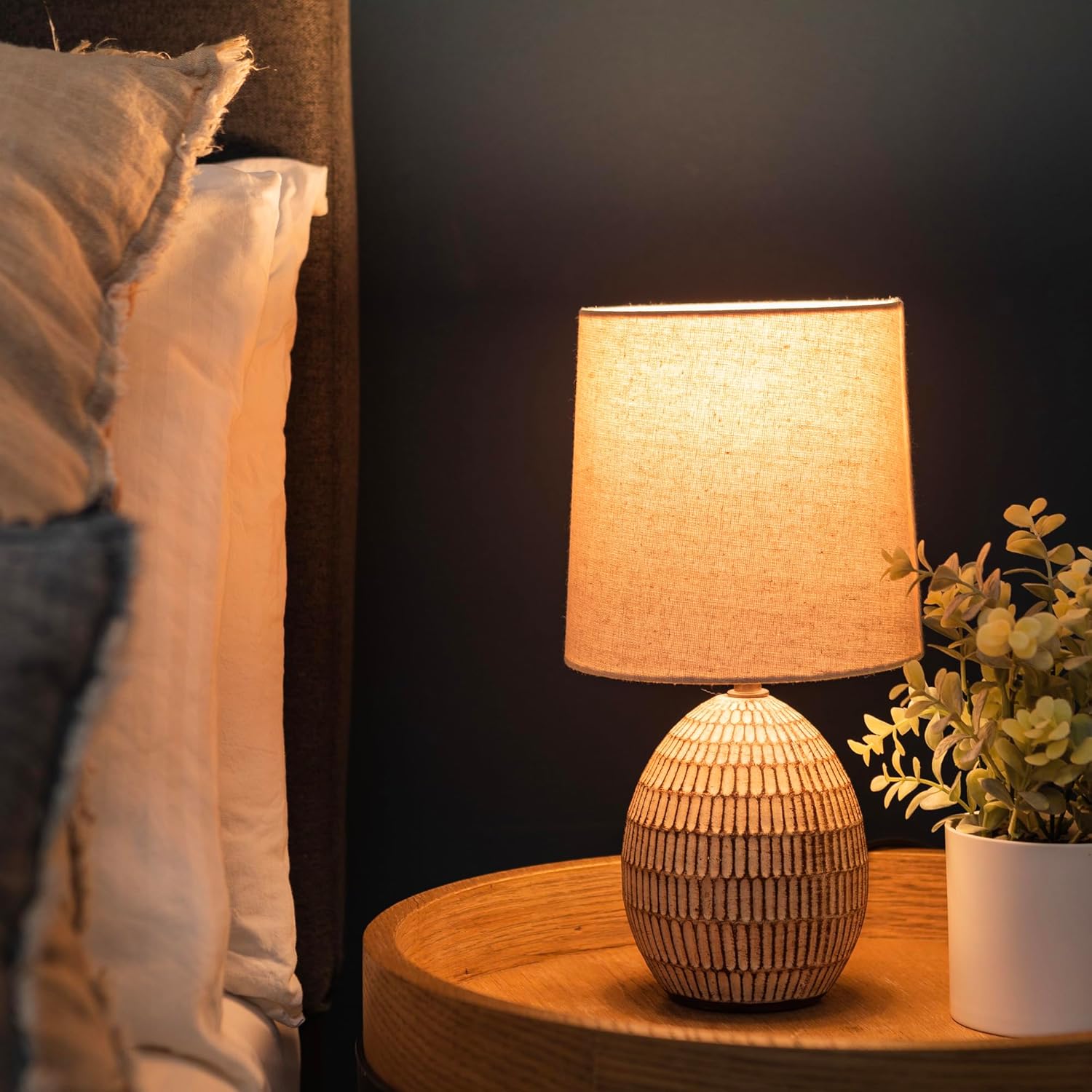 Xtreme Ceramic Table Lamp with Shade, 12.75” inch Carved Textured Table Lamp, Brown Modern Lamp with Beige Shade, Small Bedside Lamp for Bedroom Nightstand, Living Room, Requires E26 Bulb - Image 2