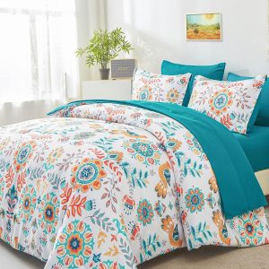Boho Comforter Set Queen - 7 Pieces Bed in a Bag Floral Medallions Design, Bohemian Comforter Set with Sheets, Soft Microfiber Complete Bedding Sets All Season (Teal Blue, Queen)