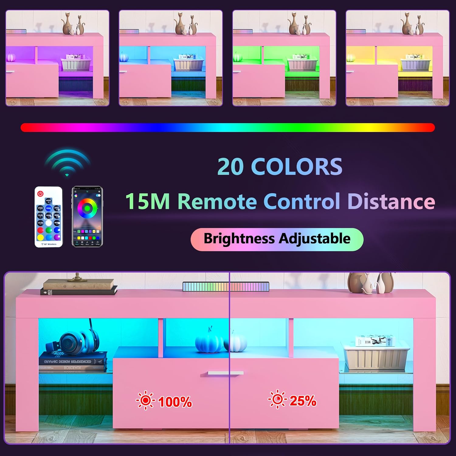 Clikuutory Modern Lighting 51 inch TV Stand with Large Storage Drawer for 32 40 50 55 Inch TVs, TV Console with 20 Color LED Lights, Entertainment Center Media and Open Shelf for Bedroom, Pink - Image 3