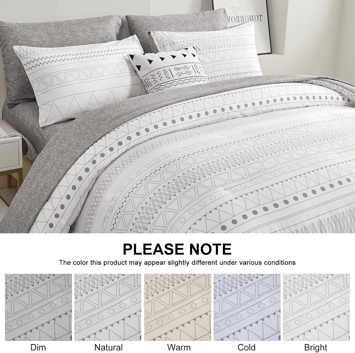 WONGS BEDDING Boho Comforter Set King Size,7 Pieces Grey White Geometric Bohemian Bed in a Bag Comforter Complete Striped Bedding Set for All Season with Sheets,Pillowcases & Shams Soft Microfiber - Image 4