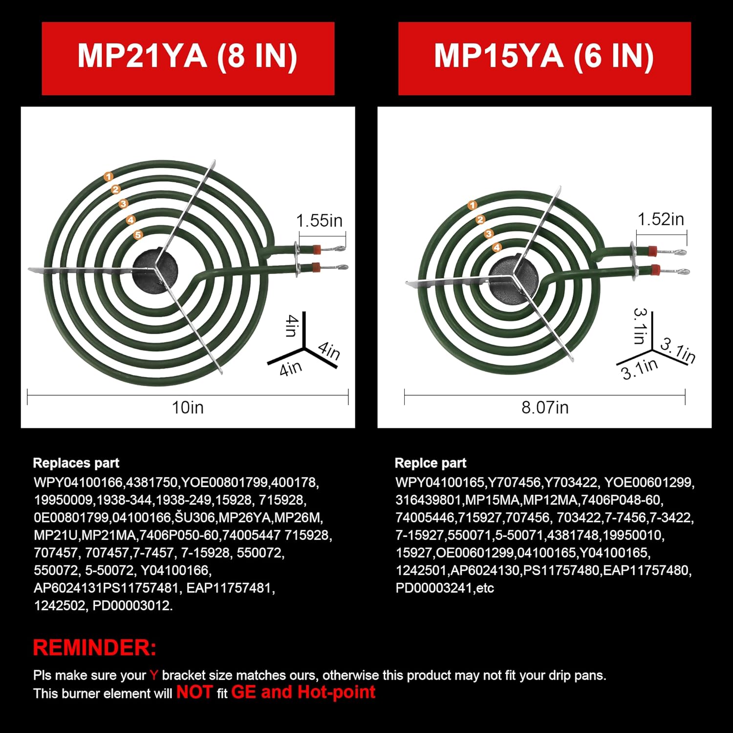 Stove Element Replacement for Aman.a Whirlpool Ke.nmore Electric Range Burner-MP22YA Electric Range Burner Element Set Includes 2Pcs 8-Inch MP21YA & 2Pc6-Inch MP15YA - Image 4