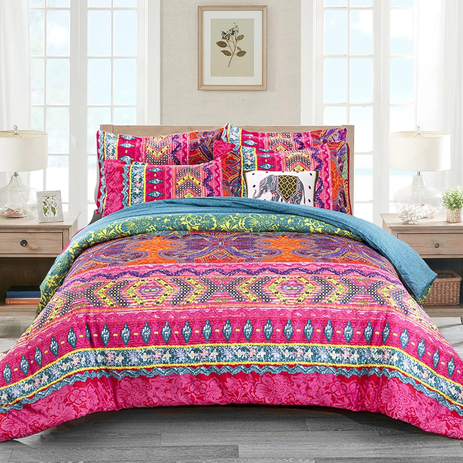 WONGS BEDDING Bohemian Comforter Set Queen, Ultra Soft Microfiber Reversible Boho Alternative Comforter Set - 3 Pieces (1 Solid Comforter + 2 Pillowcases), Bedding Duvet Set for Queen Bed - Image 6