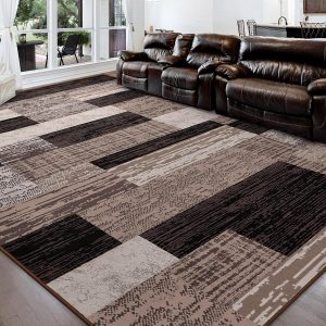 FlyDOIT Modern Geometric Patchwork Area Rug, 4x6 Chocolate Large Rugs for Living Room, Rockwood Collection Indoor Rugs for Bedroom, Throw Carpet Floor Decor for Entryway Dining Room Office Nursery