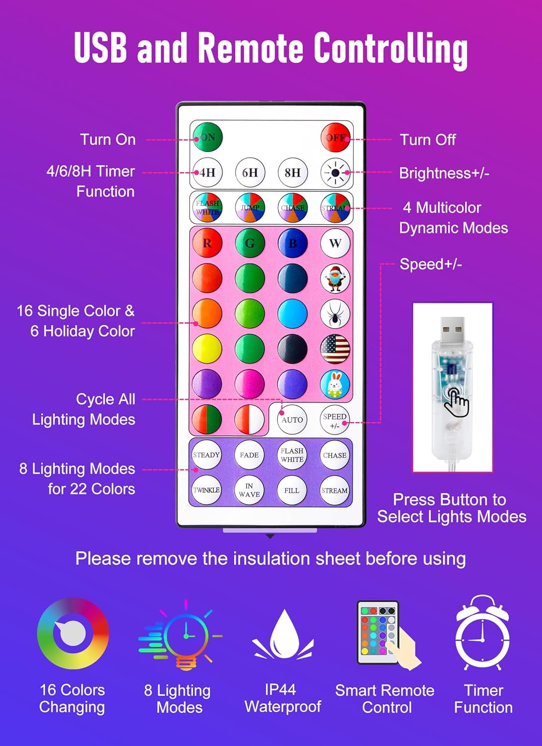 Minetom Fairy Lights Color Changing - 33FT 100 LED String Light with Remote, 16 Single Colors & 6 Holiday Colors,12 Modes, USB Fairy Lights for Bedroom, Halloween Light for Indoor Classroom Christmas - Image 6