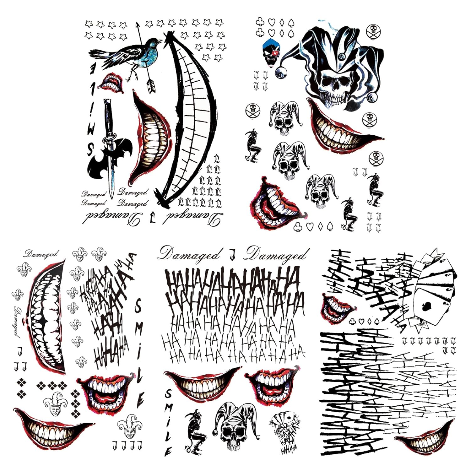 5 Sheets Cosplay Clown Prince JOKAR Temporary Tattoos – Large Tattoo Stickers for Men, Women, and Kids – Evil Smile and Jester-themed Fake Tattoos for Cosplay, Halloween, and Parties – 8.2 x 11.6 Inch - Image 6