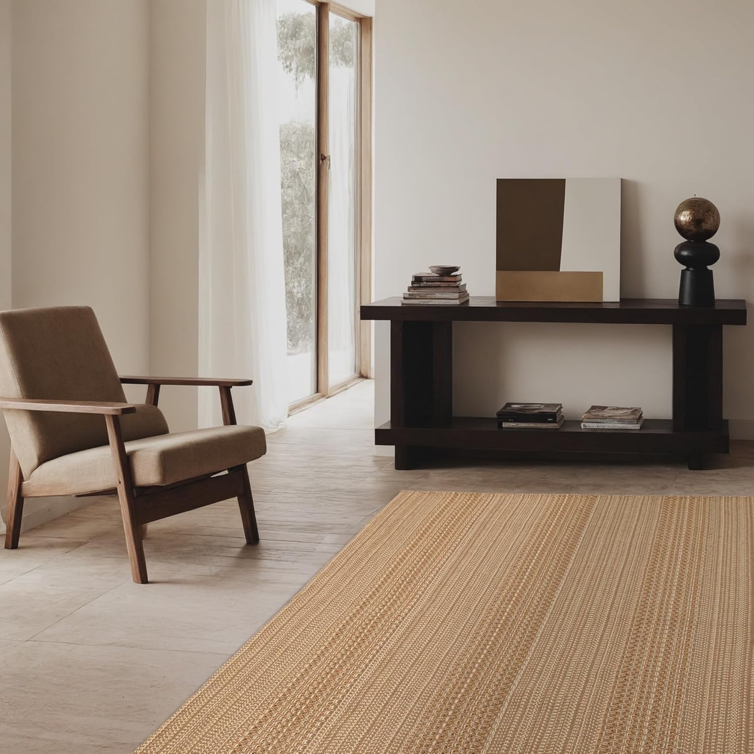 3x5 ft Area Rug - Machine Washable Non-Slip Boho Rug for Living Room, Woven Rug for Bedroom, Dining Room, Home Office - Soft, Lightweight, Stain-Resistant, Soundproof - Light Taupe Brown - Image 3