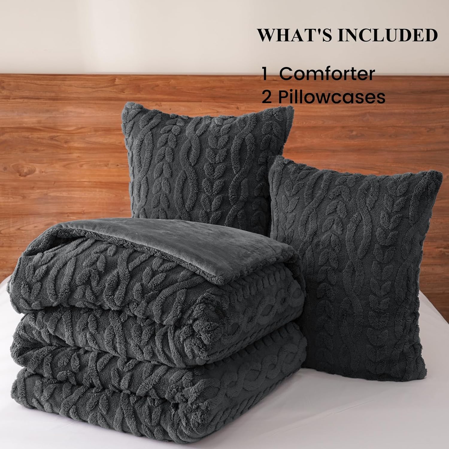 PHF Fluffy Sherpa Fleece Queen Comforter Set, 3 Pieces Warm Fuzzy Soft Bedding for Winter, 3D Tufted Flannel Plush Shaggy Bed Set, 1 Comforter (90"x90") and 2 Pillowcases (20"x26"), Dark Grey - Image 7
