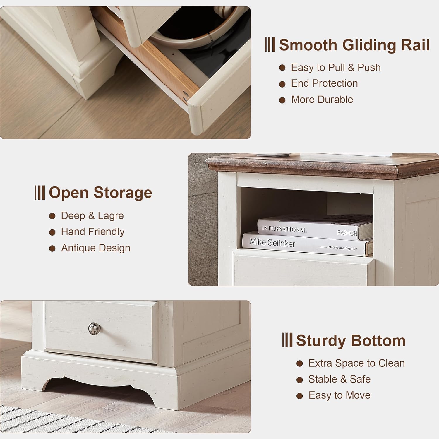 T4TREAM Nightstand with Charging Station, 18 Inch Vintage End Table with 2 Drawers, Wood Rustic Sofa Side Table with Open Storage Shelf for Bedroom, Living Room, Antique White - Image 8