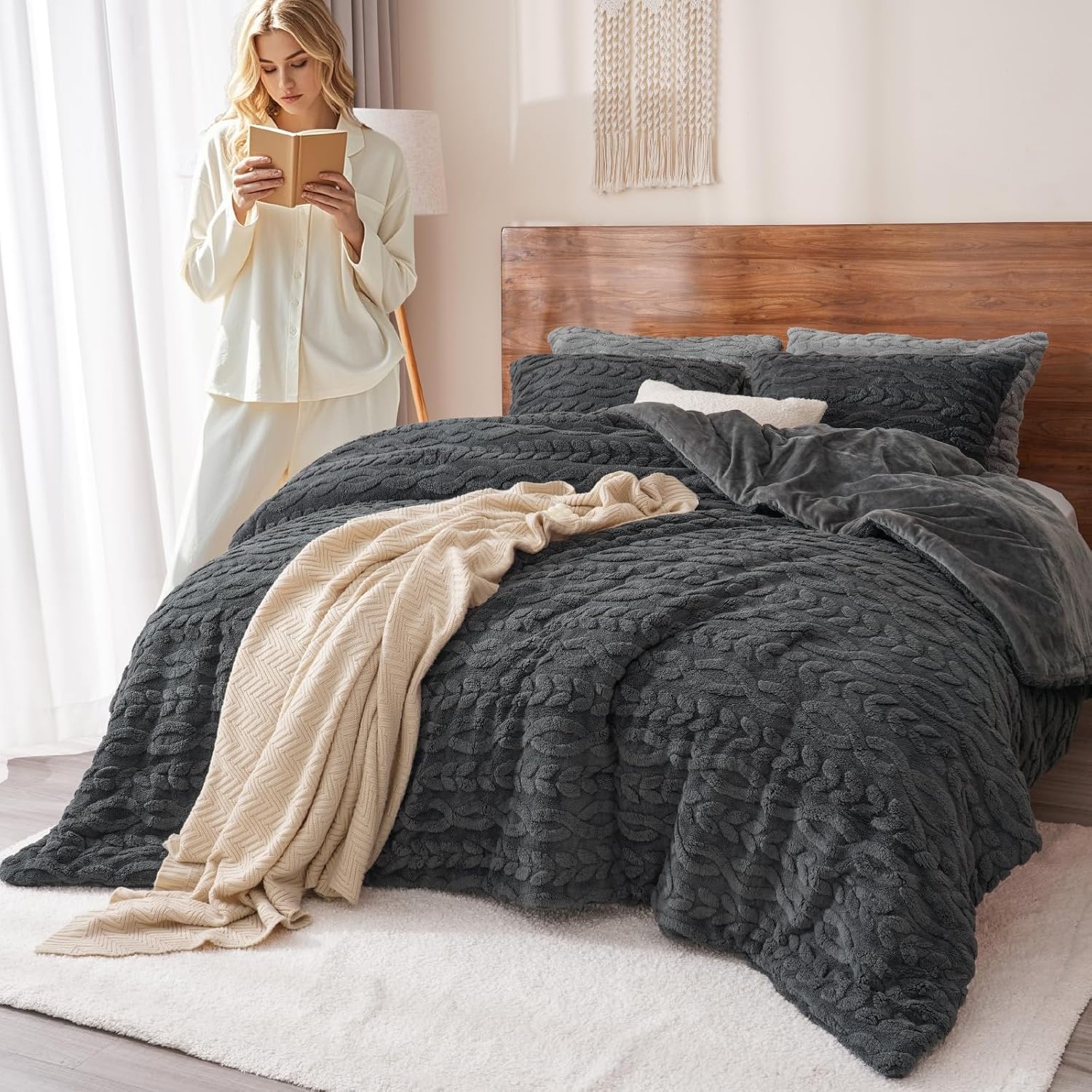 PHF Fluffy Sherpa Fleece Queen Comforter Set, 3 Pieces Warm Fuzzy Soft Bedding for Winter, 3D Tufted Flannel Plush Shaggy Bed Set, 1 Comforter (90"x90") and 2 Pillowcases (20"x26"), Dark Grey - Image 2