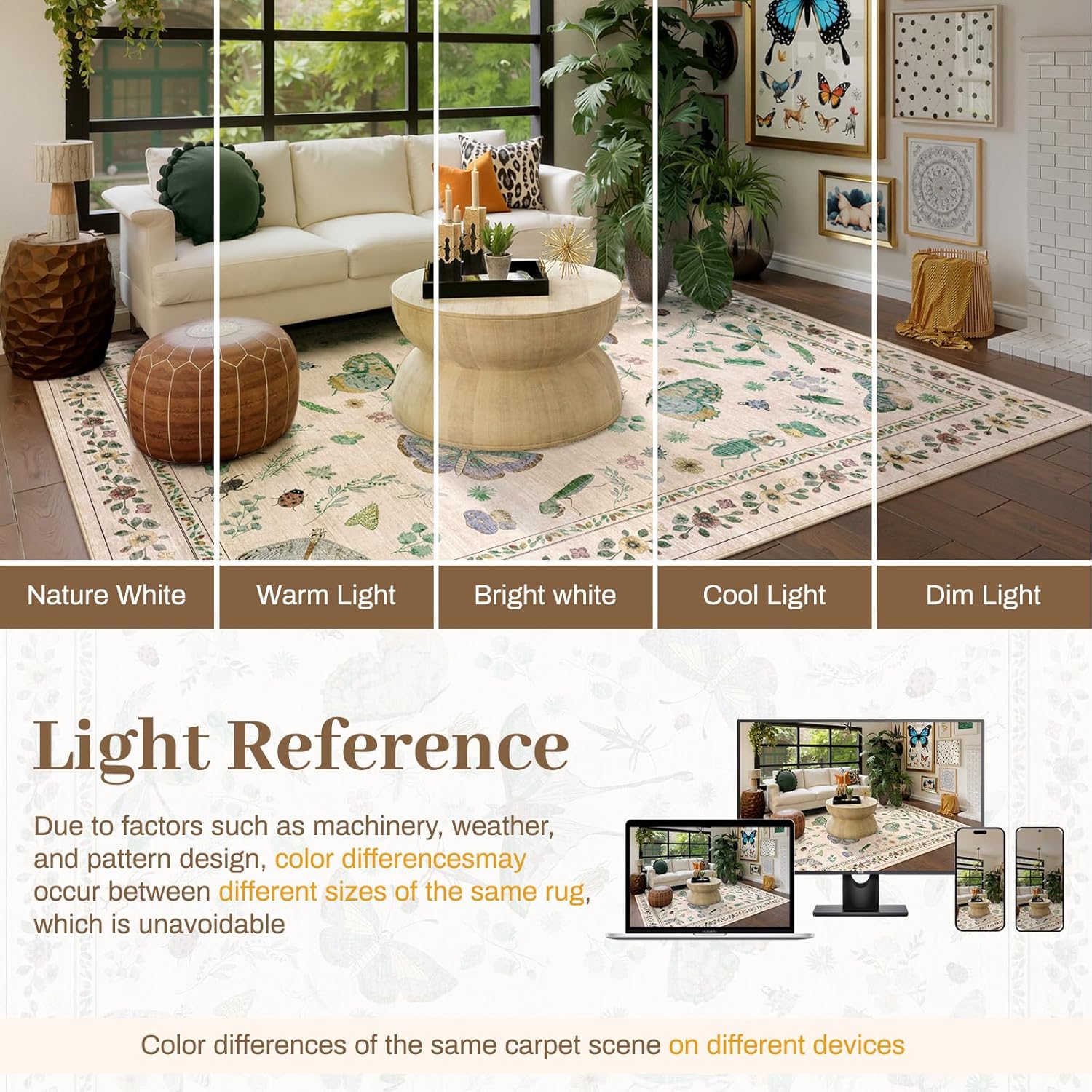 7x9 Low Pile Machine Washable Bug Rug - Indoor Non-Slip Insect Print Rug for Entryway, Living Room, Bedroom, Kitchen, Front Door, Laundry (7'x9' Beige Green) - Image 9