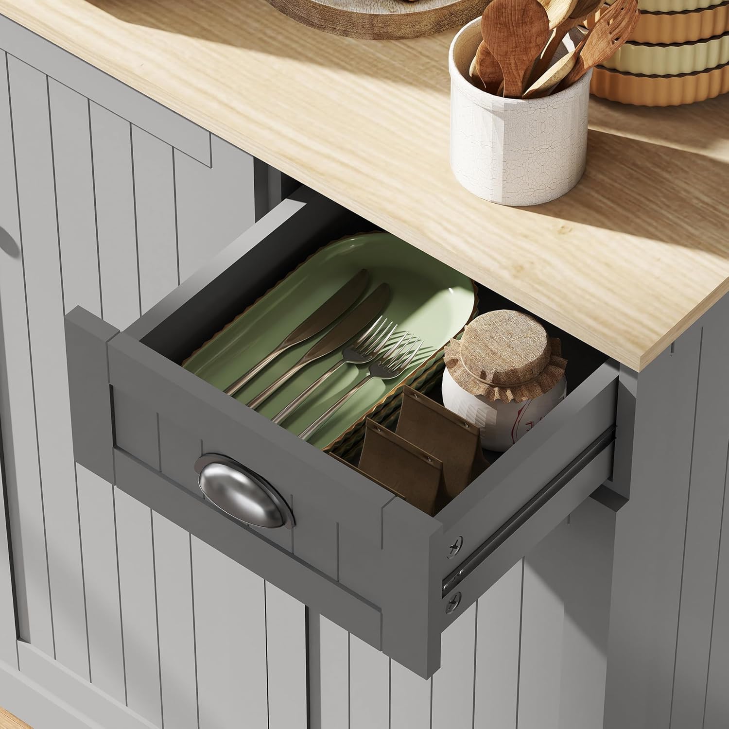 HOMCOM 71" Buffet with Hutch, Modern Farmhouse Kitchen Pantry Storage Cabinet with Microwave Oven Countertop, Drawer, Gray - Image 9