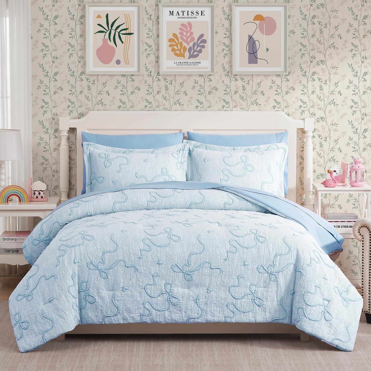 Geniospin Light Blue Full Comforter Set for Girls- 7 Pieces Bowknot Jacquard Bed in A Bag Twin Bedding Sets with Sheets, Pillowcases & Shams, All Season Kids Comforter Set