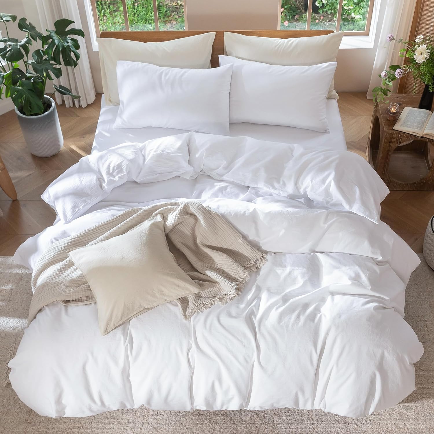 MooMee Bedding Duvet Cover Set 100% Washed Cotton Linen Like Textured Breathable Durable Soft Comfy (Solid Bright White, King 104"x90") - Image 5