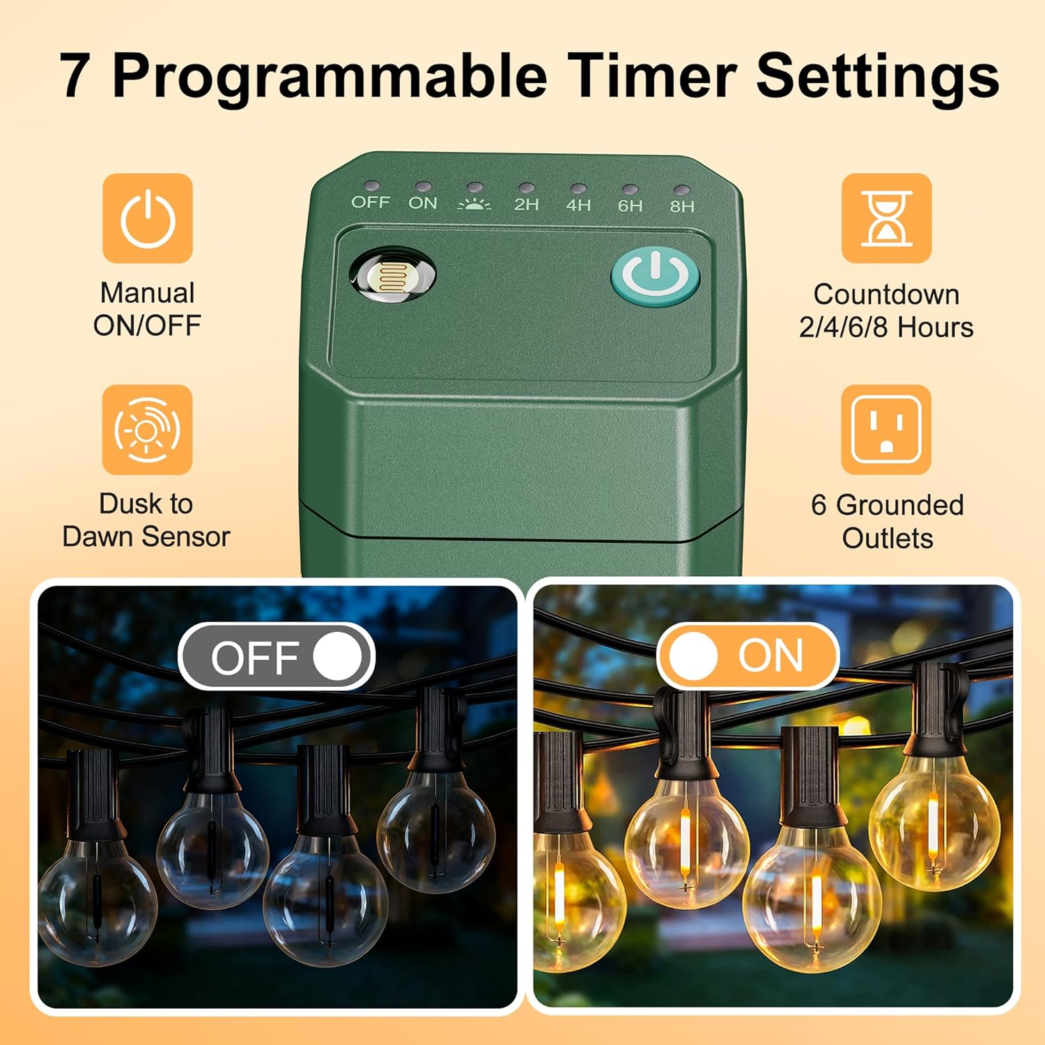 BN-LINK Outdoor Power Stake Timer 25FT Extension Cord Waterproof, Remote Control Photocell Dusk to Dawn Light Timer, 6 Grounded Outlets for String Lights & Christmas Decorations, ETL - Image 3