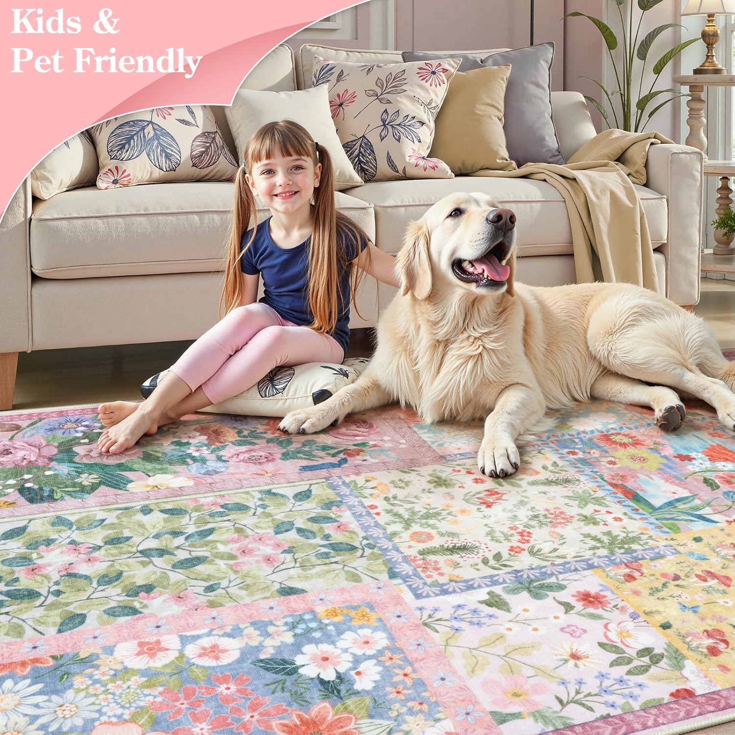 LIVEBOX 5 x 7 Pink Rugs for Bedroom Girls, Soft Patchwork Pink Rug for Living Room, Non-Slip Nursery Rug Girl, Washable Rugs 5x7 Carpet for Playroom - Image 6