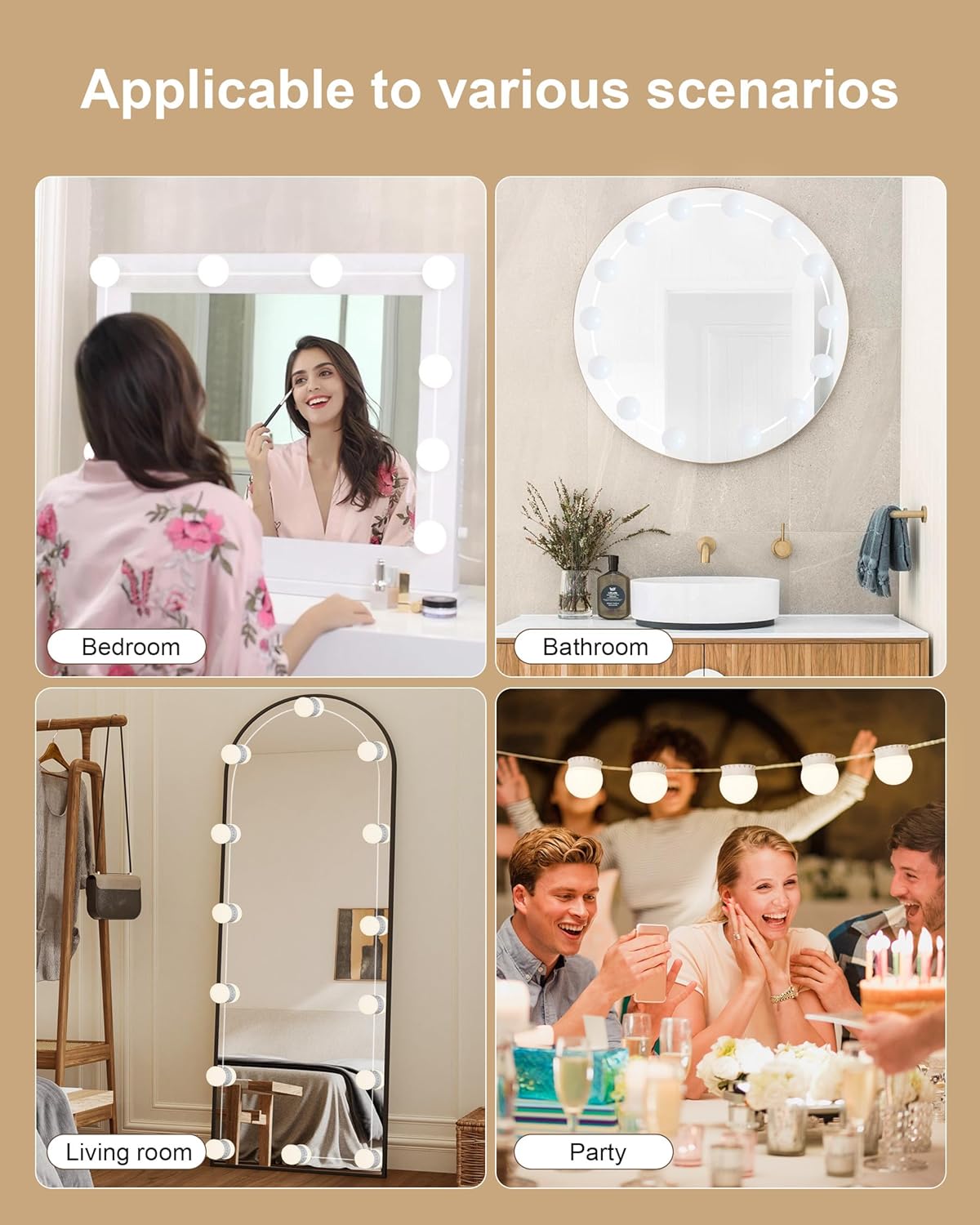 14 Bulbs LED Vanity Lights for Mirror, 3000K 4000K 6500K & 10-Brightness, Wire Length Adjustable, USB Cable, Hollywood Mirror Lights for Makeup Dressing Room Bathroom, White - Image 6