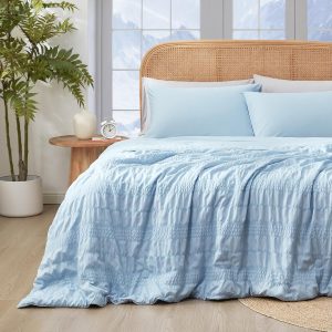Cozy Bliss Seersucker Cooling Comforter King Size, Q-Max 0.4 Reversible Lightweight Cooling Blanket, Breathable Silk Smooth Summer Bedding Quilt for Hot Sleepers Night Sweats Cold Blue