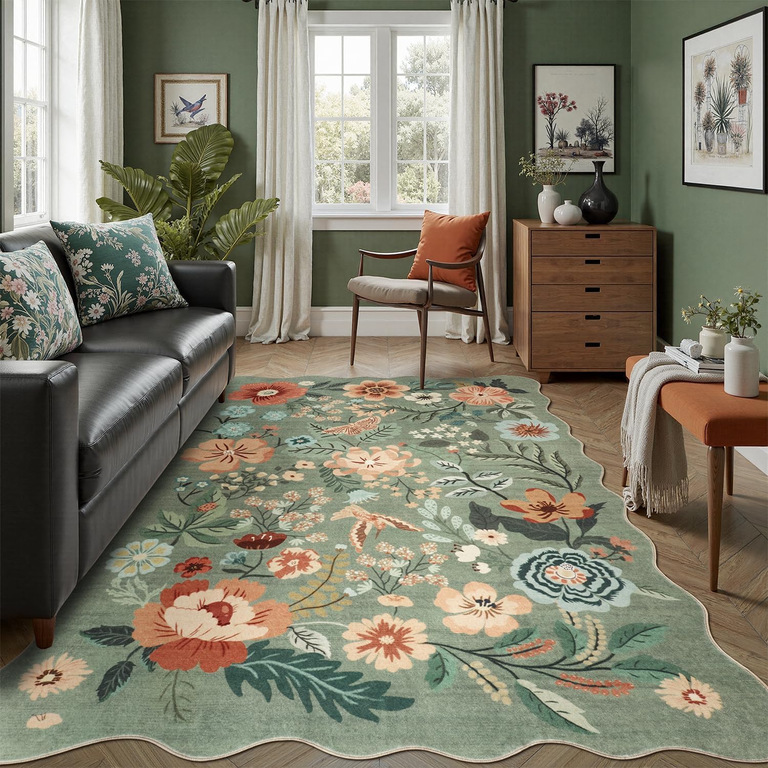 DCX Scalloped Sage Green Floral 5×7 Area Rug, Machine Washable, Soft Vintage Floral Rug Non Slip Stain Resistant for Living Room, Bedroom, Dining Room, Garden