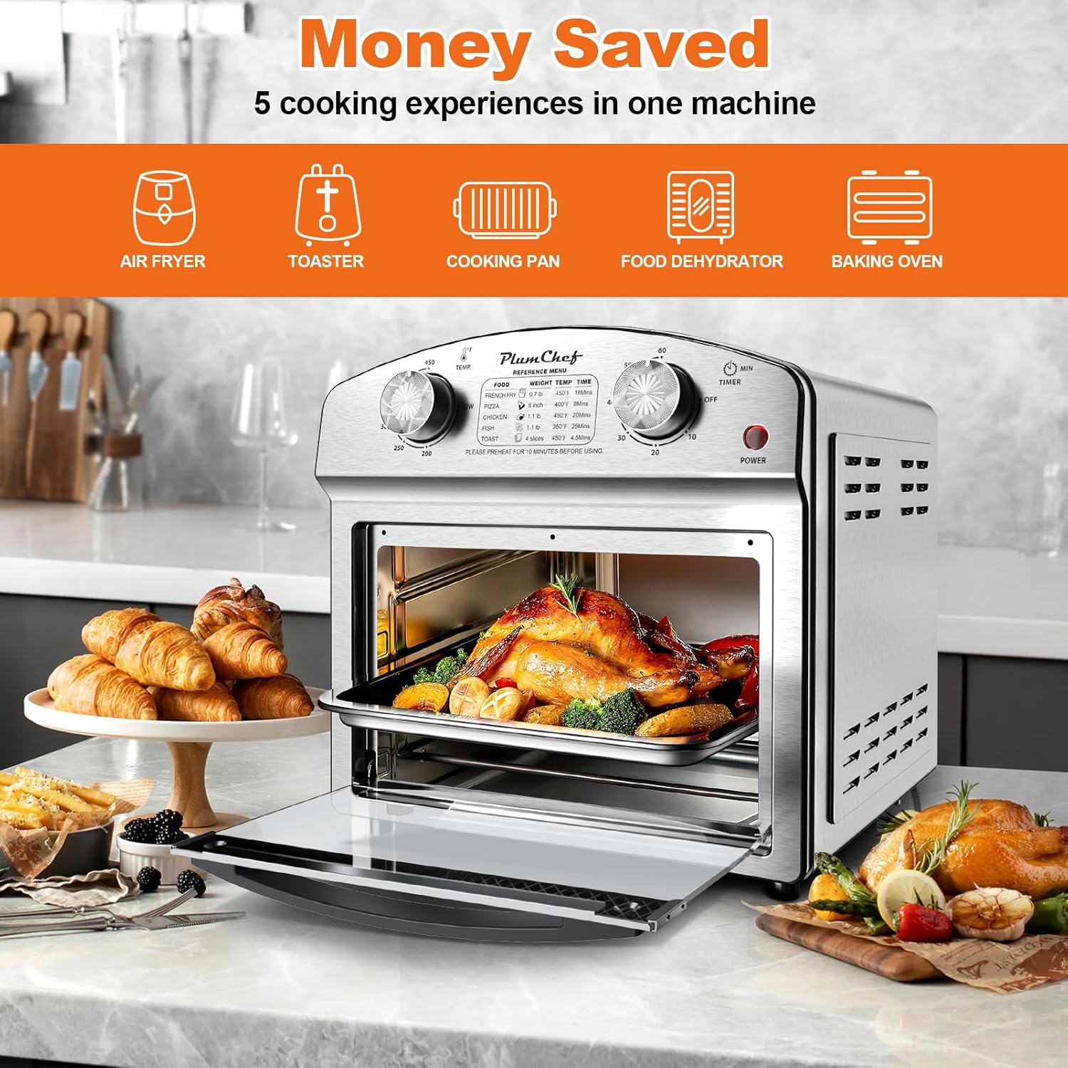 PlumChef 13 Quart 4 Slices Air Fryer Convection Toaster Oven, 1500W, Multifunction Oven with Reference Menus on Panel, Time and Temperature Controls,Stainless Steel - Image 5