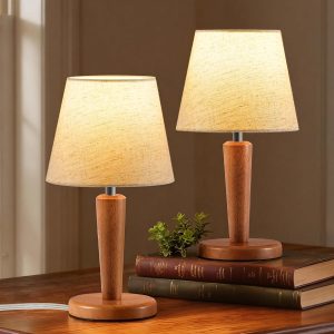 12”Wood Bedside Table Lamps Set of 2, Small Desk Lamps for Small Places, 3 Color Temperatures with Memory,Beige Linen Shade & E26 Bulbs, for Bedroom Living Room Office LE13TLP205