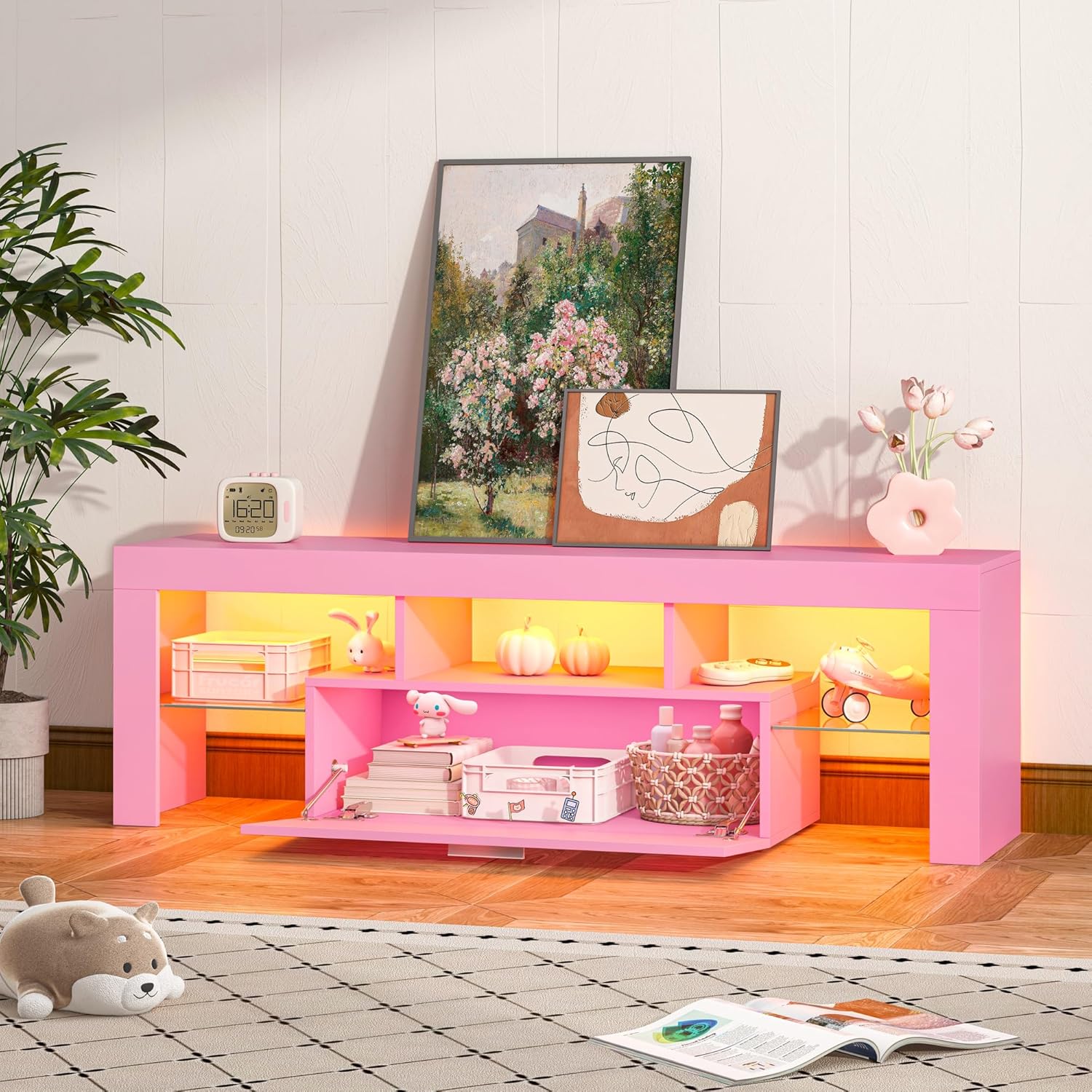 Clikuutory Modern Lighting 51 inch TV Stand with Large Storage Drawer for 32 40 50 55 Inch TVs, TV Console with 20 Color LED Lights, Entertainment Center Media and Open Shelf for Bedroom, Pink - Image 7