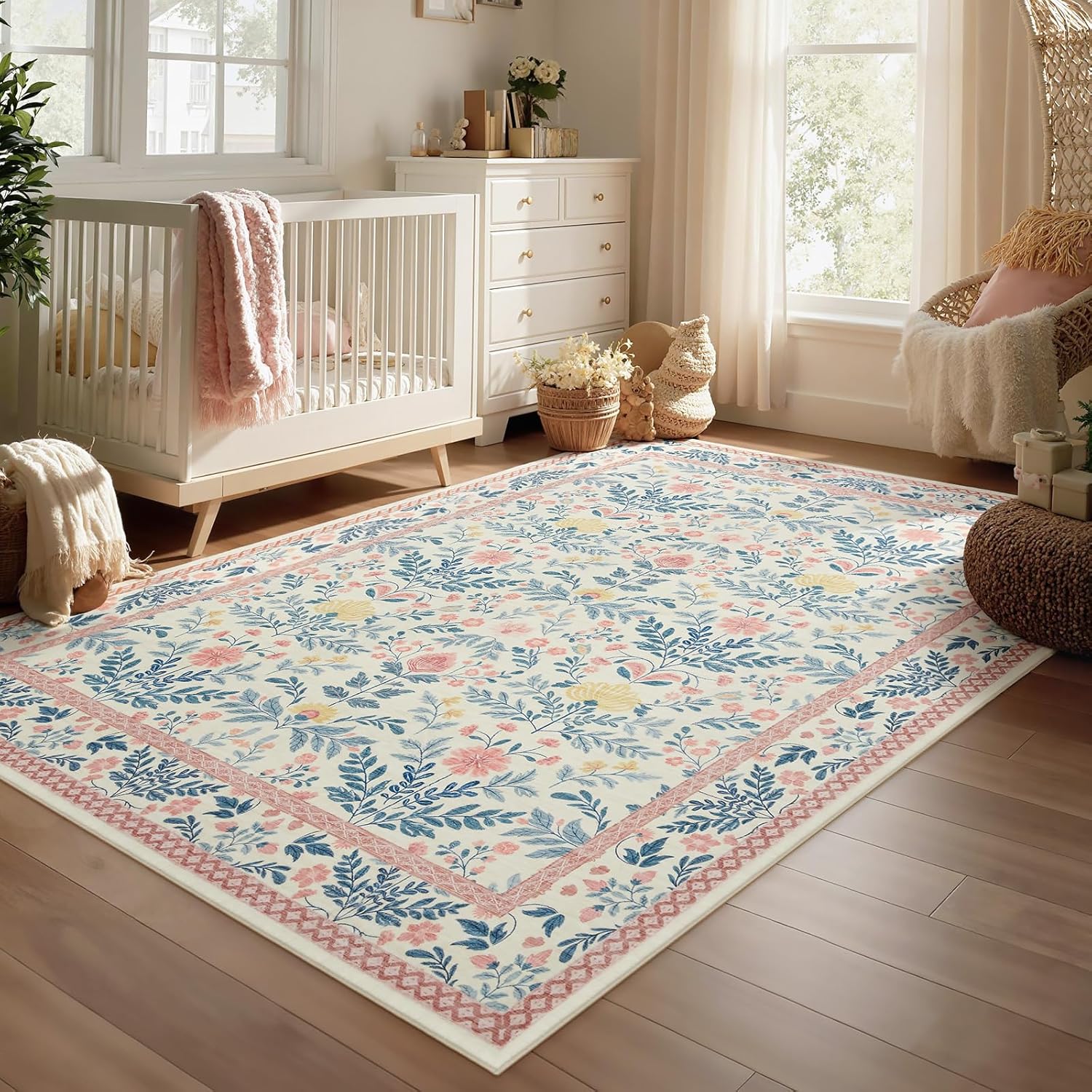 Joydeco Light Pink Washable Area Rugs 8x10 Bedroom Girls Kids Nursery, Boho Floral Large 8 x 10 Area Rugs for Living Room, Non Slip Soft Indoor Floor Carpet for Playroom Dorm Classroom - Image 3