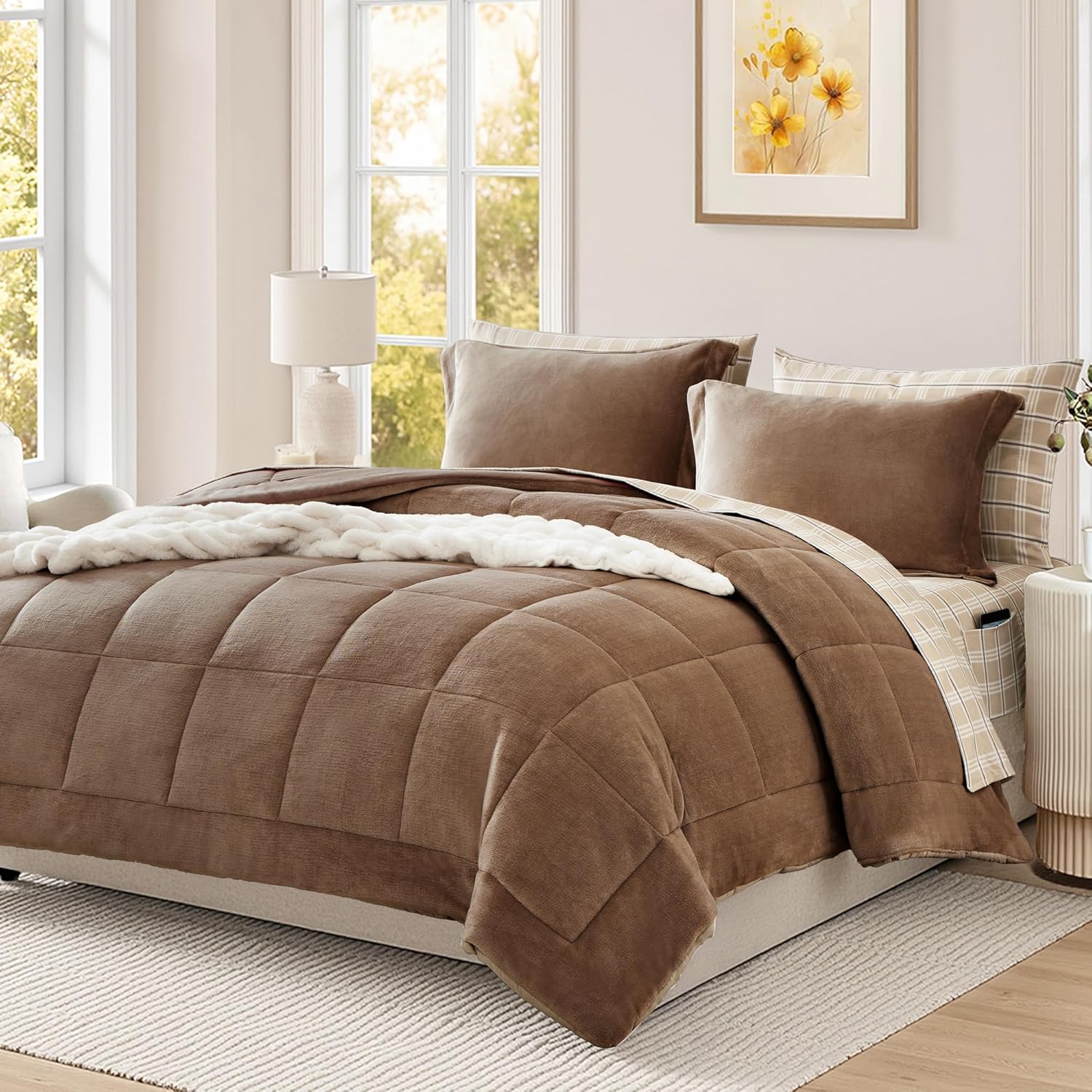 Plush Queen Comforter Set Brown, Flannel Velvet Comforter Sets 7 Pieces Bed in a Bag, Soft Warm Winter Bedding Set with Sheets, Pillowcases & Shams