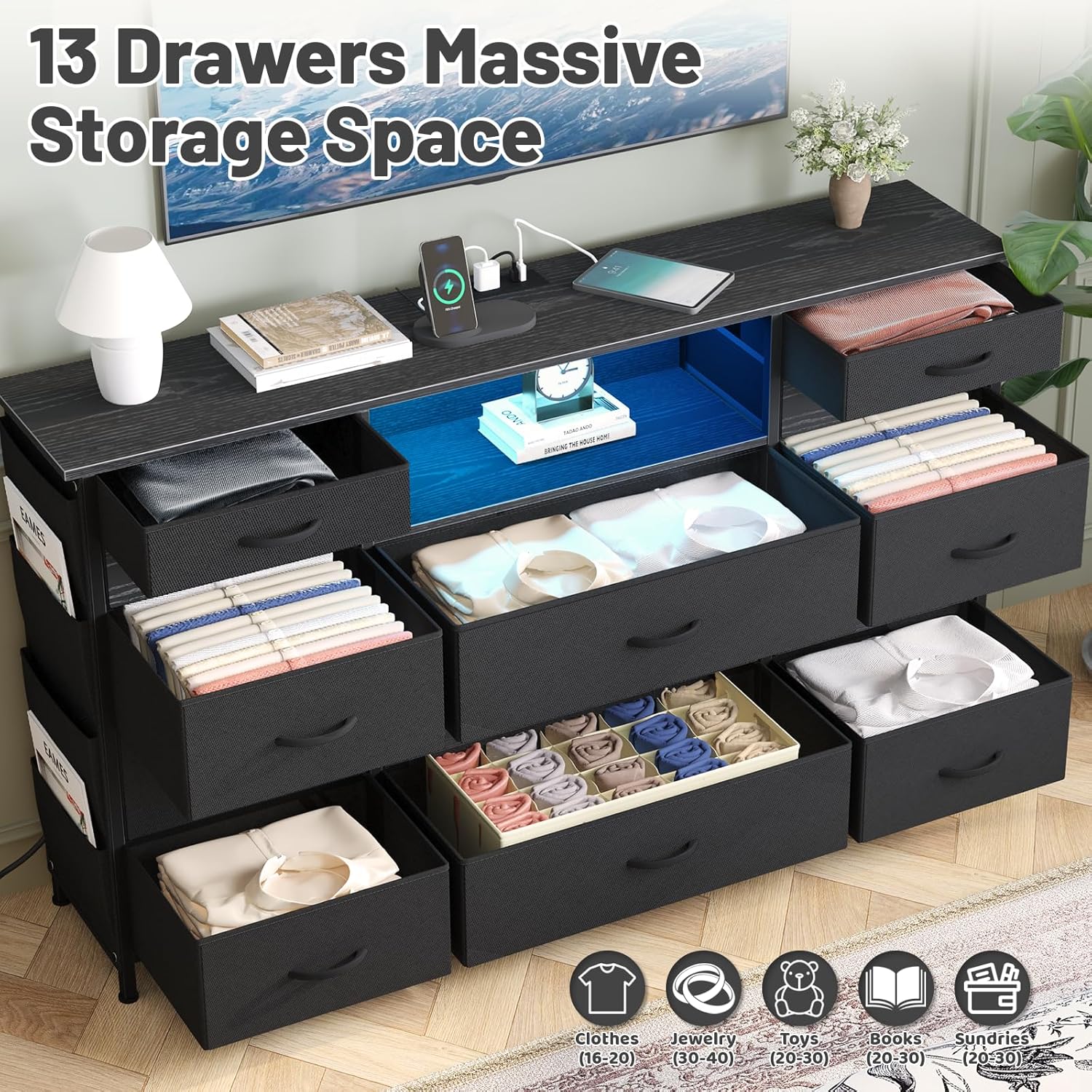 HCHQHS 47 Inch Dresser for Bedroom with 13 Drawers,Side Pockets Hooks and Lights with Remote Control,Hallway,Closet,Kitchen,Large TV Stand (Black) - Image 3